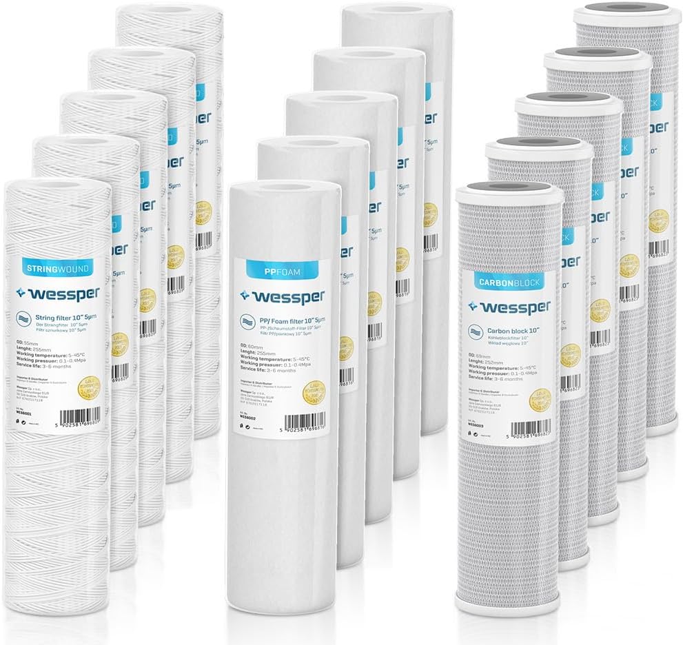 Wessper Set mit 15 Wasserfiltern, 10 Zoll, Universalkartuschen für Hauswasserfilter, Brunnenwasserfilter: Saitenfilter, Schaumfilter, Aktivkohle-Wasserfilter