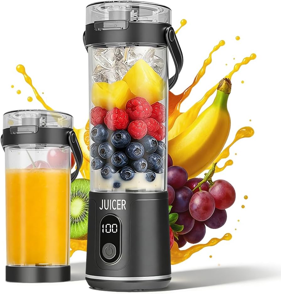 Tragbarer Mixer to Go, 600 ml Frischsaft-Mixflasche, Mini-Mixer und Smoothie-Maker mit 12 Klingen, kabelloser und wiederaufladbarer tragbarer Mixer für Fruchtsaft-Shakes, Smoothies, Babynahrung (grau)