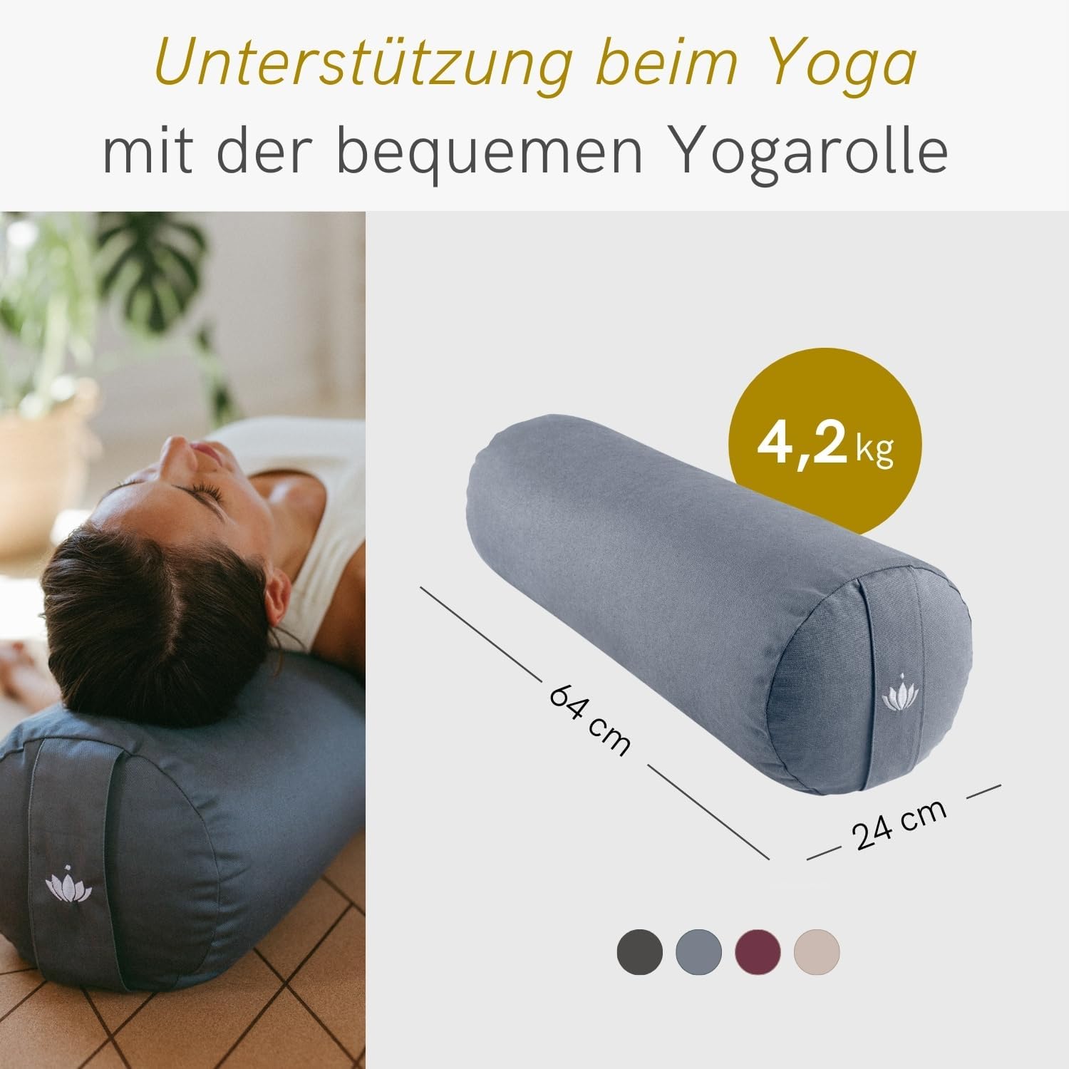 Lotuscrafts, Yogarolle für Yin Yoga, Durchmesser 24 cm, mit Dinkelfüllung, waschbarer Baumwollbezug, Yoga Bolster Rolle für Restorative Yoga, GOTS zertifiziert – Bild 2