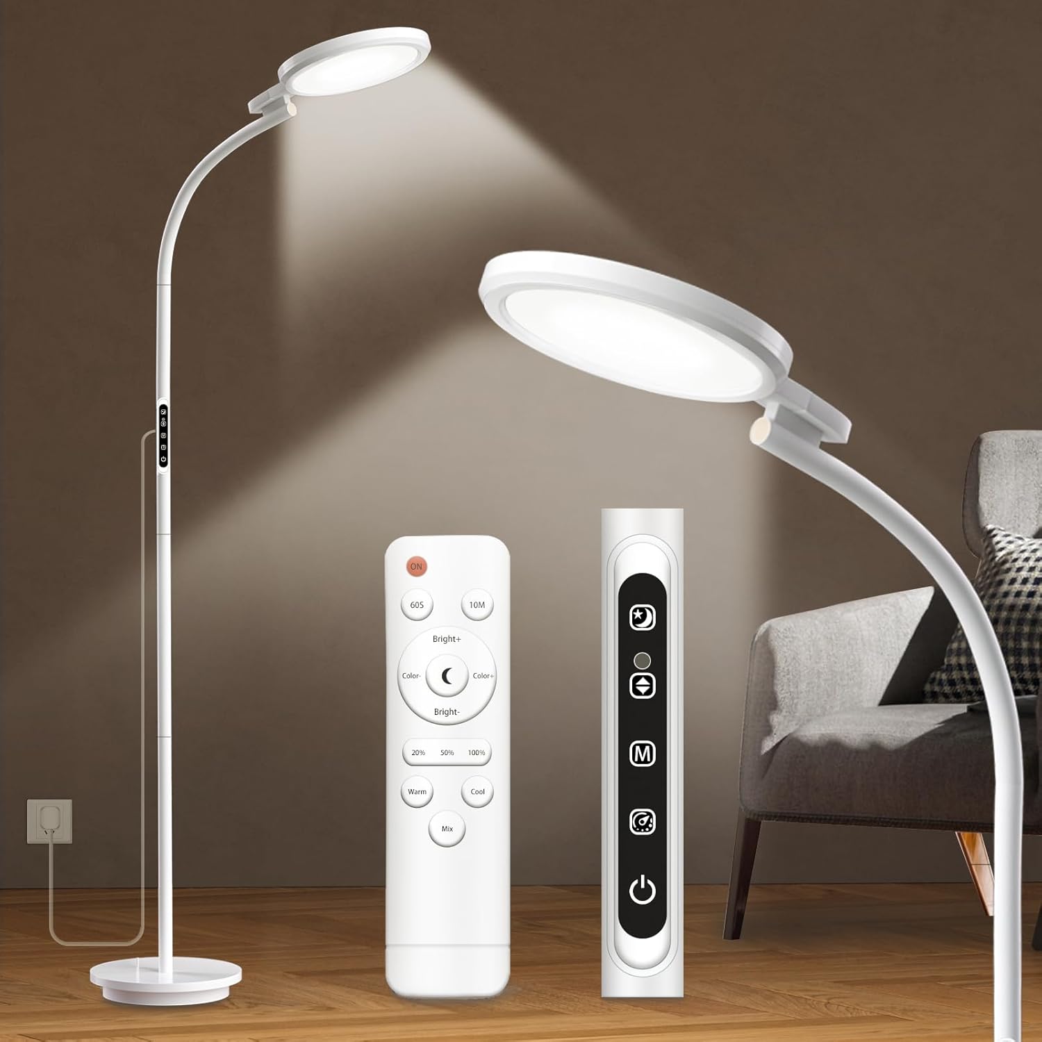 Tageslichtlampe Stehleuchte 10.000 Lux, UV-freie Sonnenlichtlampe mit Touchpanel & Fernbedienung, 5 Farbtemperaturen, 5 Helligkeitsstufen, höhenverstellbar mit flexiblem Schwanenhals