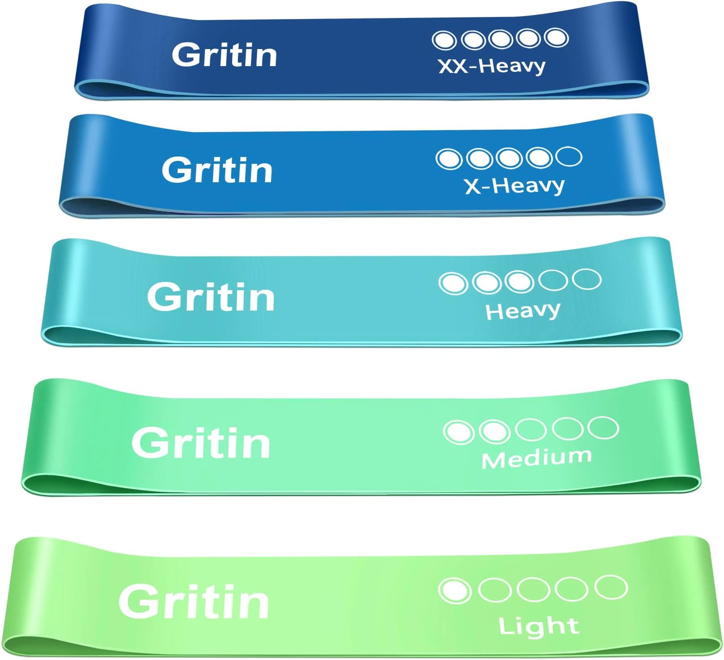 Gritin Fitnessbänder (5er Set) Widerstandsbänder mit 5 Stufen, 100% Latex Fitnessband Widerstand mit deutscher Übungsanleitung und Tragetasche, Gymnastikband für Muskelaufbau, Yoga
