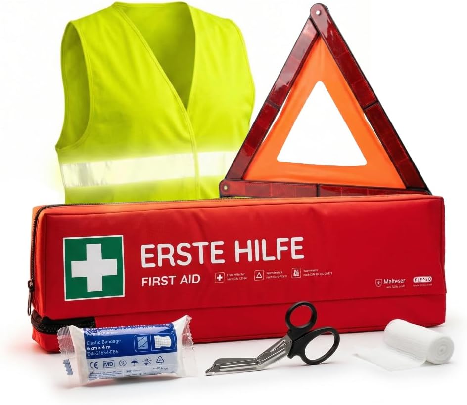 Auto-Verbandstasche inklusive Warndreieck und Warnweste nach aktueller DIN 13164:2022 | Gültig für 2026 | Erste-Hilfe-Set für Auto/Auto/Motorrad | Rot