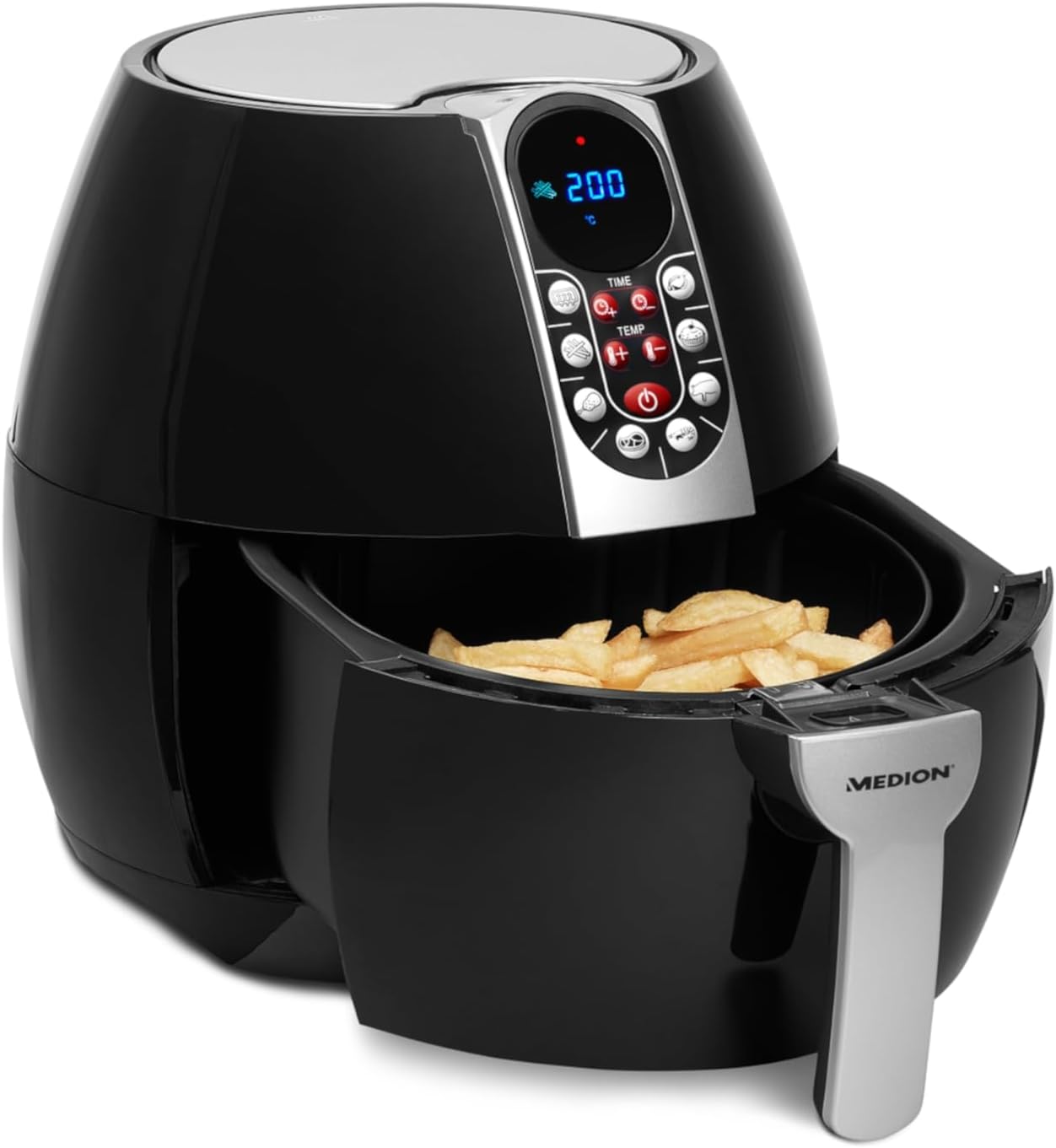 MEDION E10 S Heißluftfritteuse (Leistung ca. 1500 Watt, Airfryer, digitales Bedienfeld, Gesamtnutzinhalt 4 Liter, ölfreies Frittieren, 30-Minuten-Timer, Überhitzungsschutz, MD 17320) schwarz – Bild 6