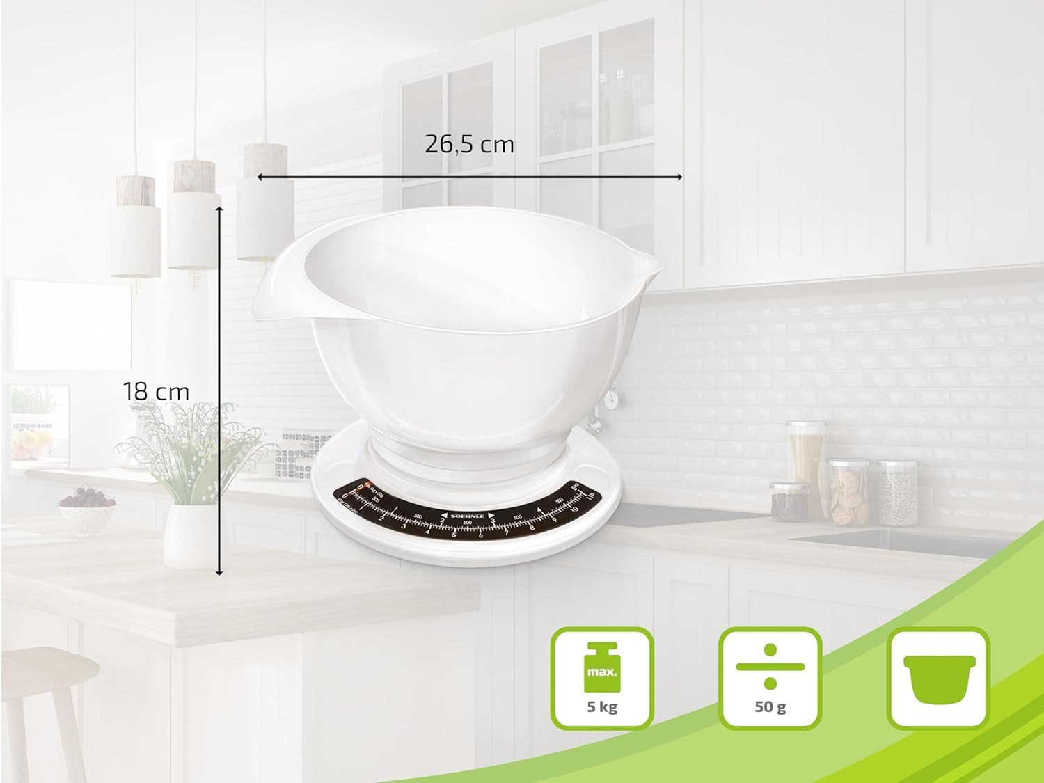 Soehnle Culina Pro 5 kg, analoge Küchenwaage, weiß, Gewicht bis 5 kg (50 g genau), Haushaltswaage mit großer Rührschüssel, Retro-Küchenwaage für Kuchen und mehr – Bild 4