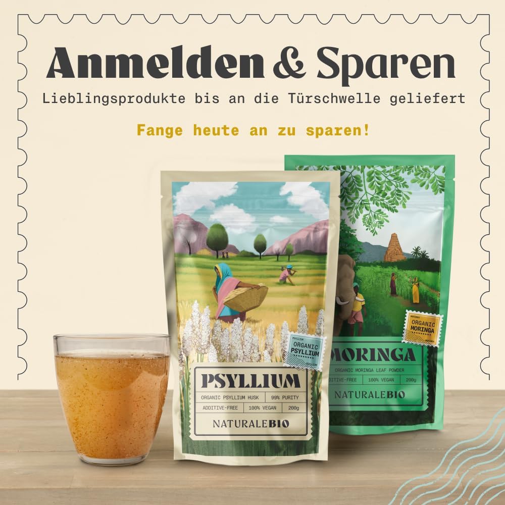 Bio-Flohsamenschalen (99 % Reinheit) 200 g. Bio-Flohsamenschalen. 100 % indisch, natürlich und rein. Ballaststoffreich und vegan, zur Aufnahme in Wasser, Getränken oder Säften. NaturaleBio – Bild 6