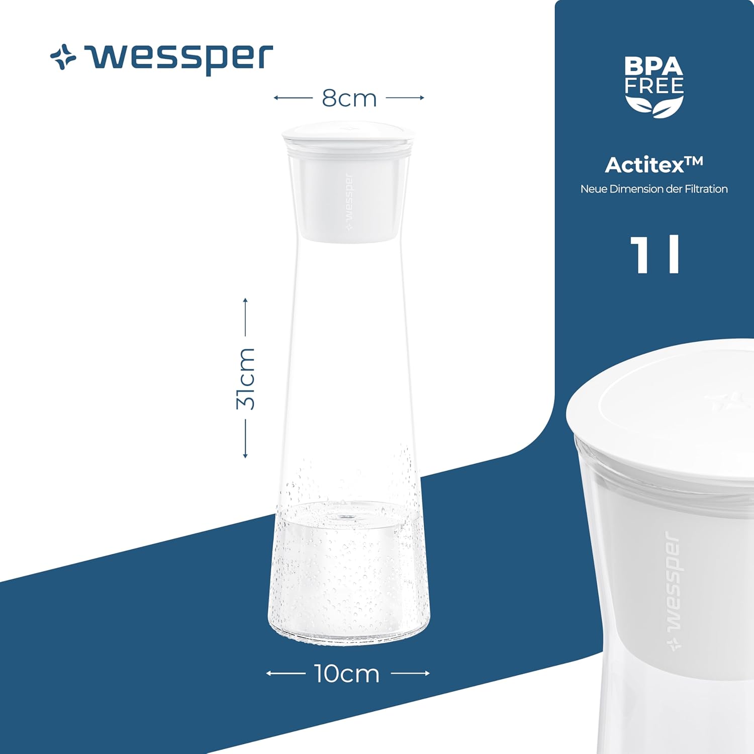 Wessper Glas-Wasserfilterkaraffe, 1 Liter, Wasserkaraffe mit Mikroscheiben-Wasserfilter, Glaskaraffe mit Deckel, zum Filtern von Wasser und Kaltgetränken, BPA-frei, Weiß – Bild 3