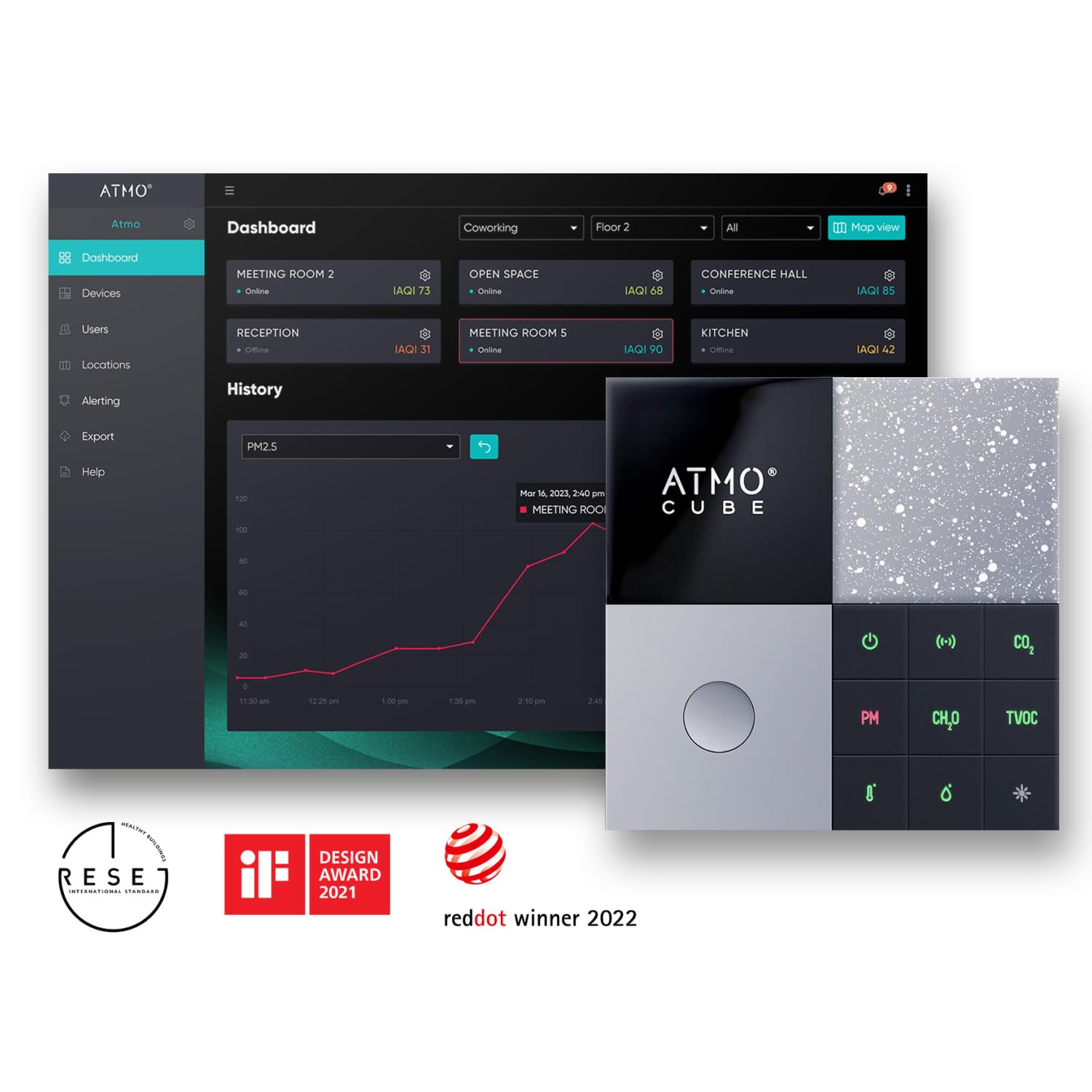 Atmocube Professioneller 12-in-1-Luftqualitätsmonitor – Messgerät für CO2, Feinstaub (PM2,5), Formaldehyd (CH2O), TVOC und NOx – WLAN, Ethernet und PoE-Konnektivität – Echtzeit-Cloud-Dashboard und App – Bild 5