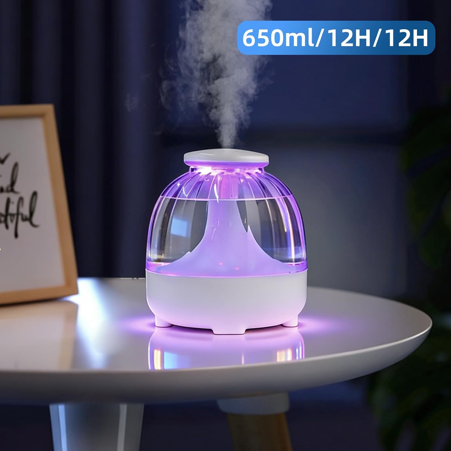 USB-Luftbefeuchter mit 650 ml für Schlafzimmer, leiser Luftbefeuchter, USB-Luftbefeuchter für Wohnzimmer, Zuhause, Büro, 2 Nebelmodi, weiße Nachtlichtfunktion – Bild 6