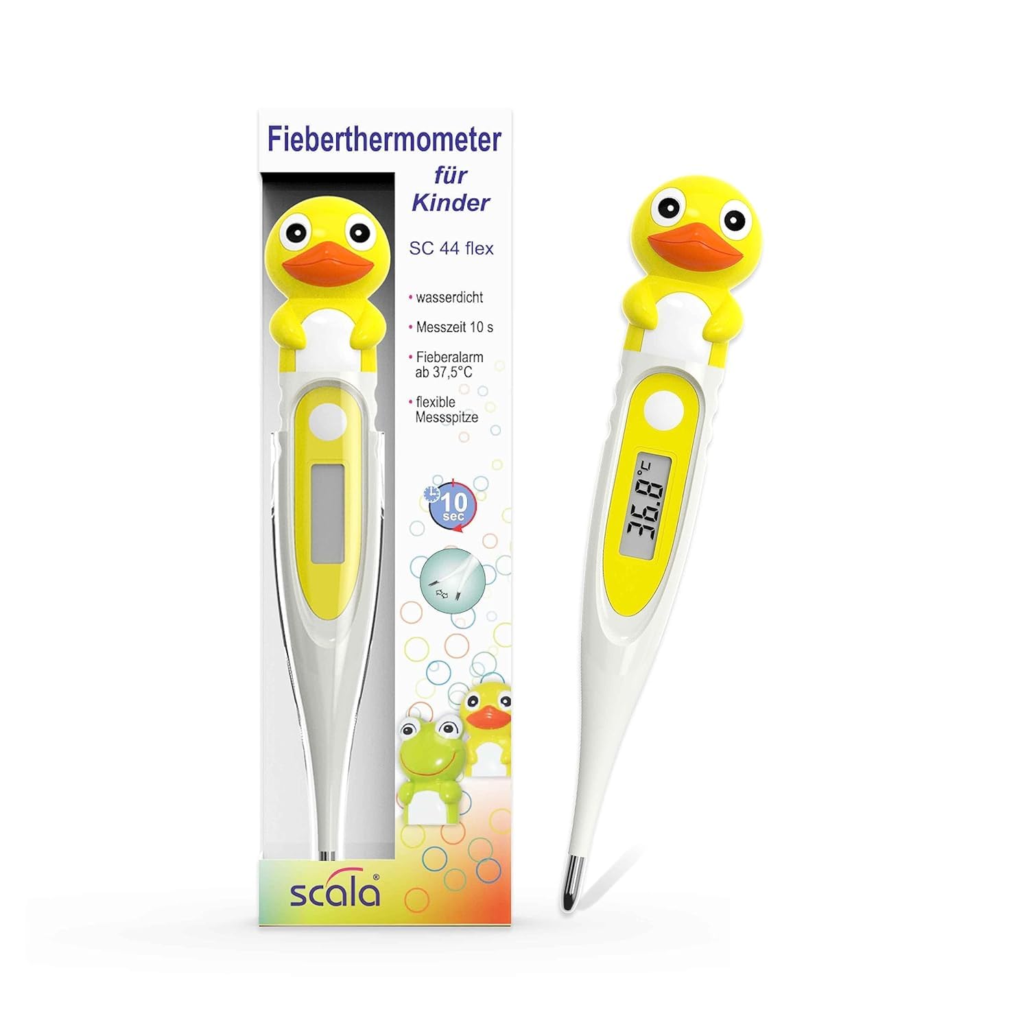 scala SC 44 flex Digitales Fieberthermometer Baby & Kinder – 10 Sekunden Messzeit, flexible Spitze, Fieberalarm, wasserdicht – oral, rektal & axillär – Entenmotiv – Bild 8