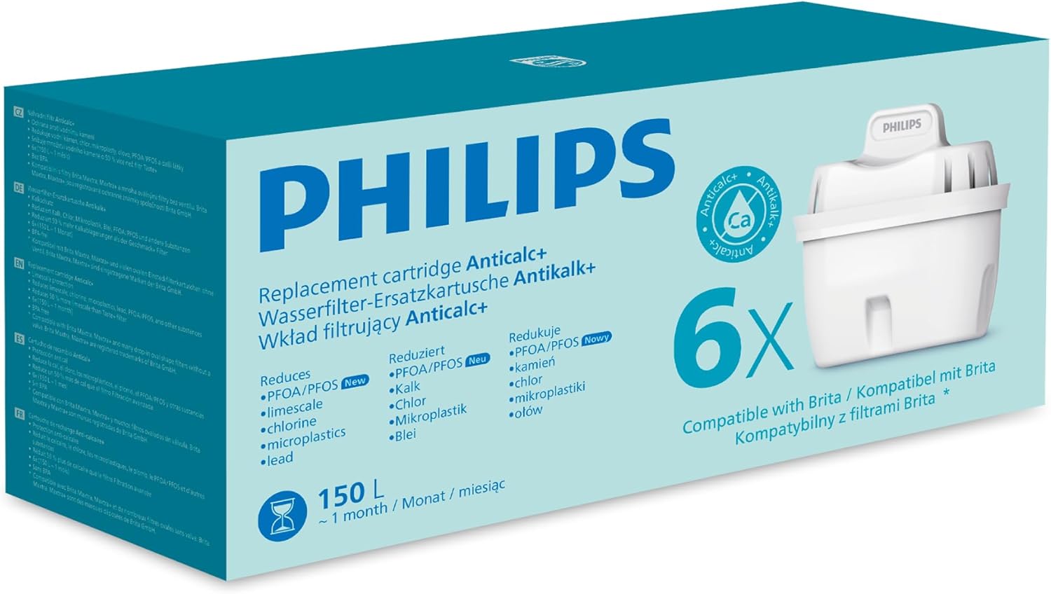 Philips Water Wasserfilter-Kartusche SOFTENING+, 6er-Pack, Brita-kompatibel, BIS ZU 50% WASSERHÄRTE REDUZIERUNG