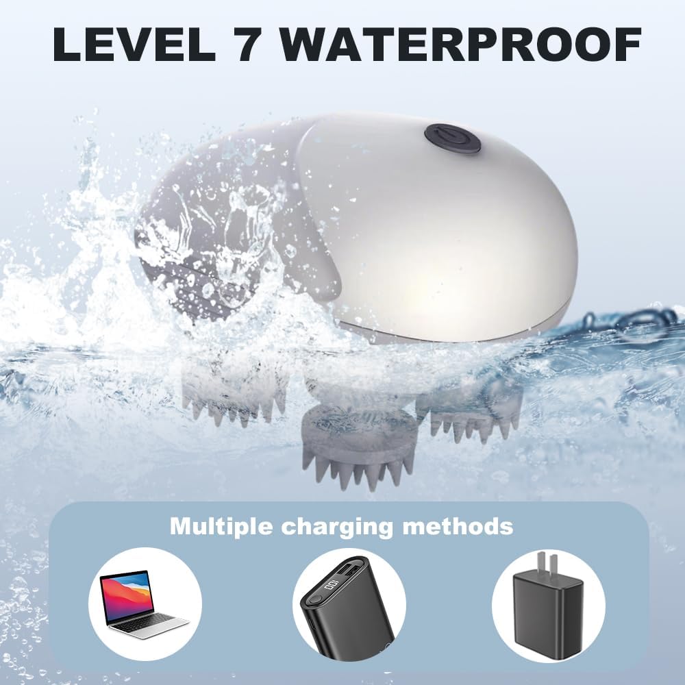 Elektrisches Kopfmassagegerät, elektrisches Kopfmassagegerät, IPX7 wasserdichtes Katzenmassagegerät mit 4 Massageköpfen, Kopfhautmassagegerät für Ganzkörpermassage, Hundekörperhaarwachstum (Silber) – Bild 4