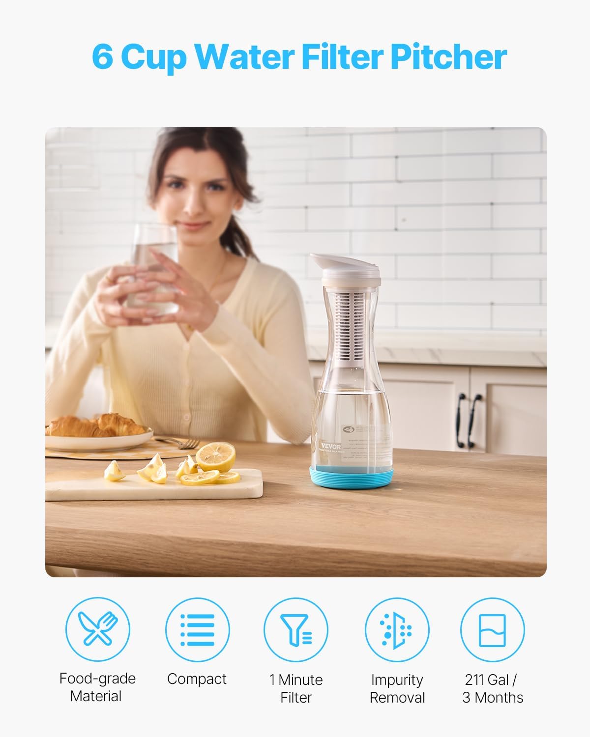 VEVOR Wasserfilterkanne, Wasserfilterkanne, 6 Tassen, Glas, Wasserfilterspender, kühlschrankfreundliches Wasserfiltersystem, kein BPA, hält 3 Monate / 800 l, reduziert Chlor- und Rostgerüche, PFOA/PFOS – Bild 2