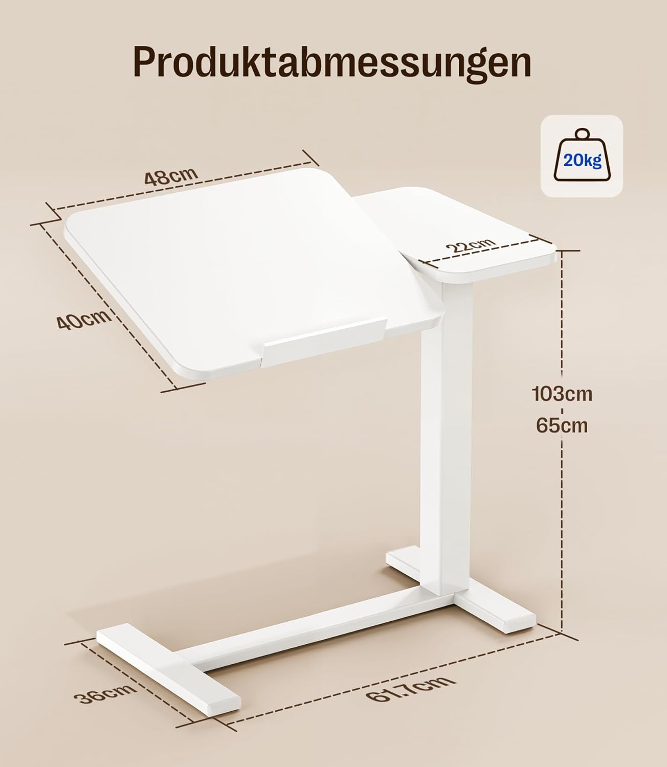 MAIDeSITe Beistelltisch mit Rollen, C-förmiger höhenverstellbarer Betttisch, 70 x 40 cm Stehtisch, mobiler Laptoptisch mit geteilter Tischplatte und verdeckten Rollen – Fit Dual – Bild 2
