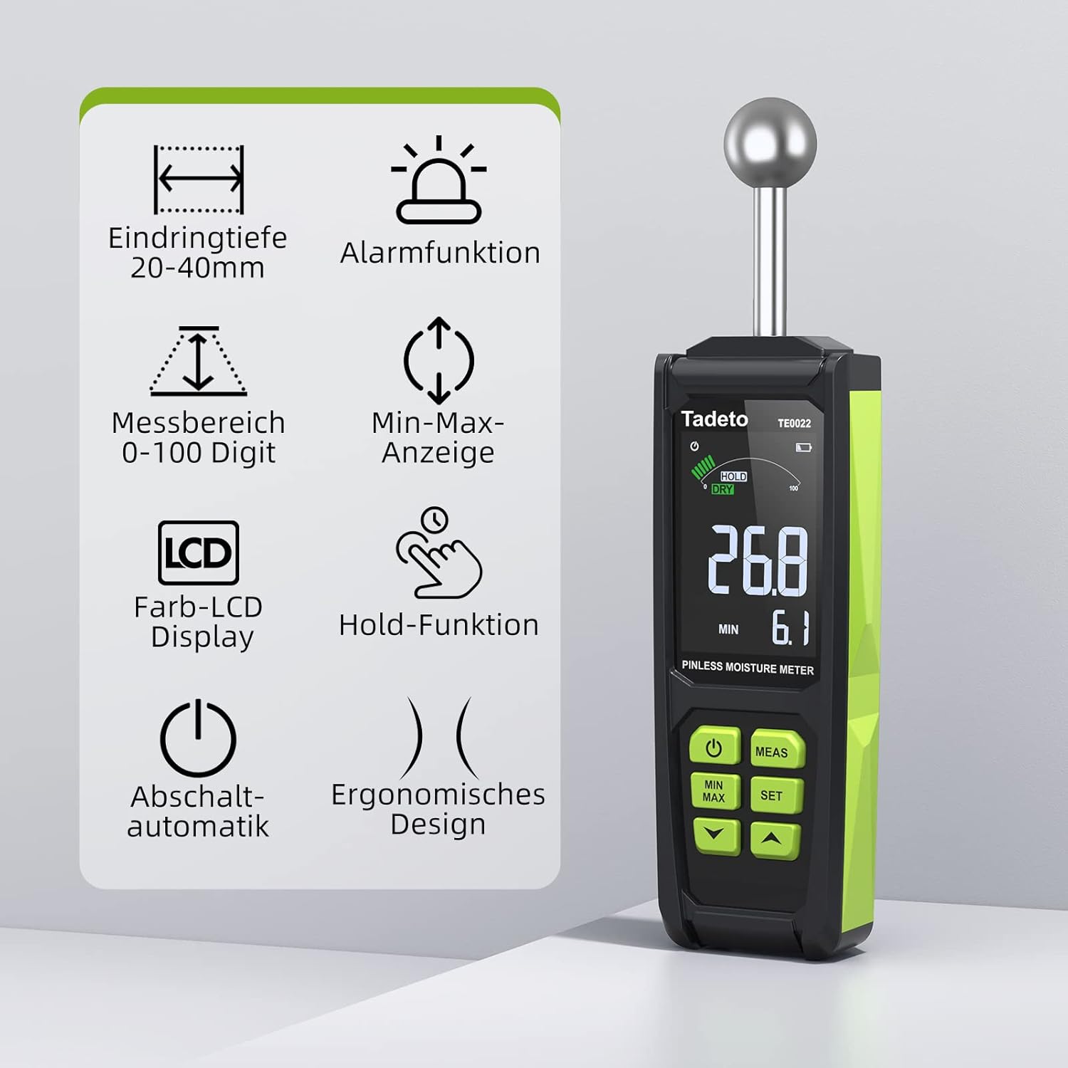 Feuchtigkeitsmesser, Tadeto Feuchtigkeitsmesser 20-40 mm Analysetiefe mit Farb-LCD Alarmfunktion Haltefunktion Feuchtigkeitsmesser für Wände, Holz, Mauerwerk, Beton, Putz, Baumaterialien – Bild 2