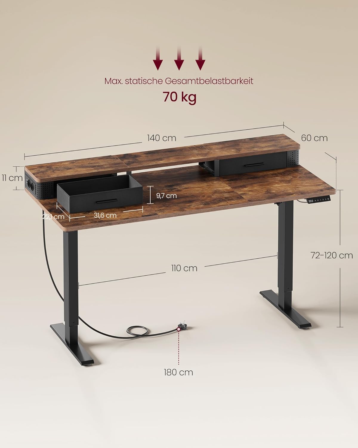 VASAGLE LSD184KD02 Höhenverstellbarer elektrischer Schreibtisch, 140 x 60 x (72-120) cm, stufenlos verstellbar, mit Monitorständer, Steckdosenleiste, Haken, Memory-Funktion, Vintage-Braun – Bild 3