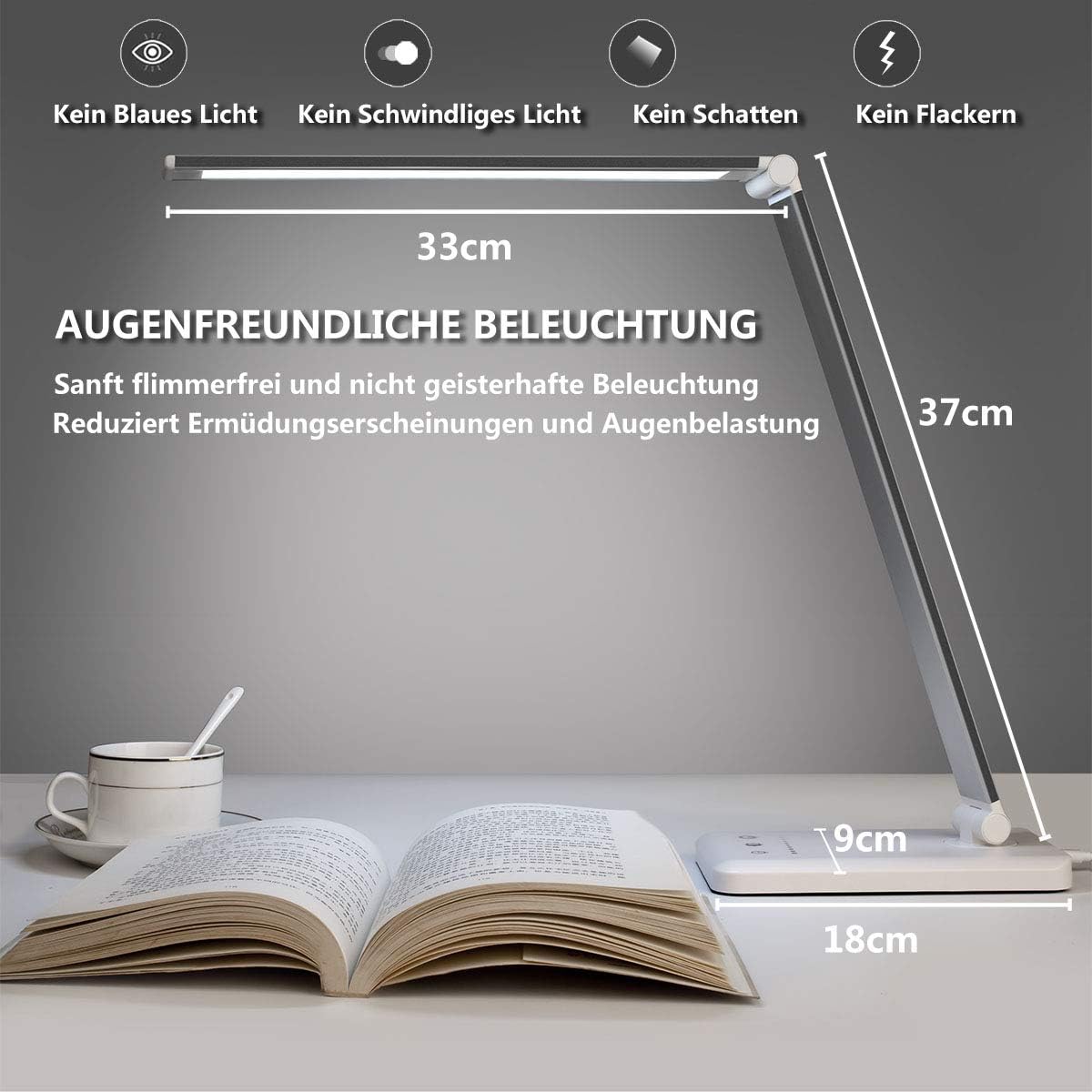 SLATOR QM019 LED-Schreibtischlampe, dimmbare Tischlampe, 5 Farben und 10 Helligkeitsstufen, Nachttischlampe, USB-Anschluss zum Aufladen des Smartphones, Leselicht für Leser, Kinder, Aluminium, Silber – Bild 4