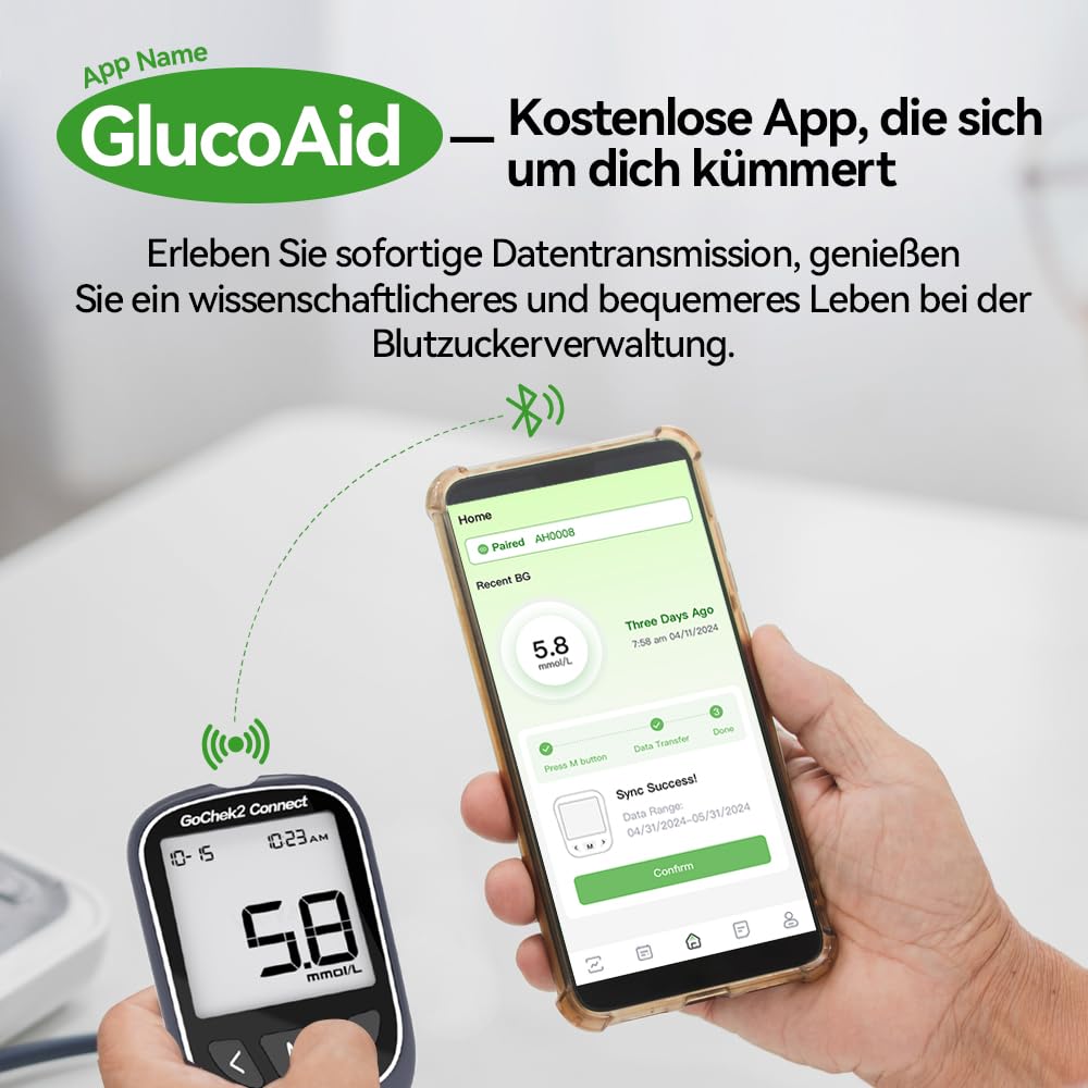 MicroTech Bluetooth-Blutzuckermessgerät-Set, 10 Streifen und Lanzetten, keine Codierung, 500 Speicher, breiterer HKT für die Familie (mmol) – Bild 2