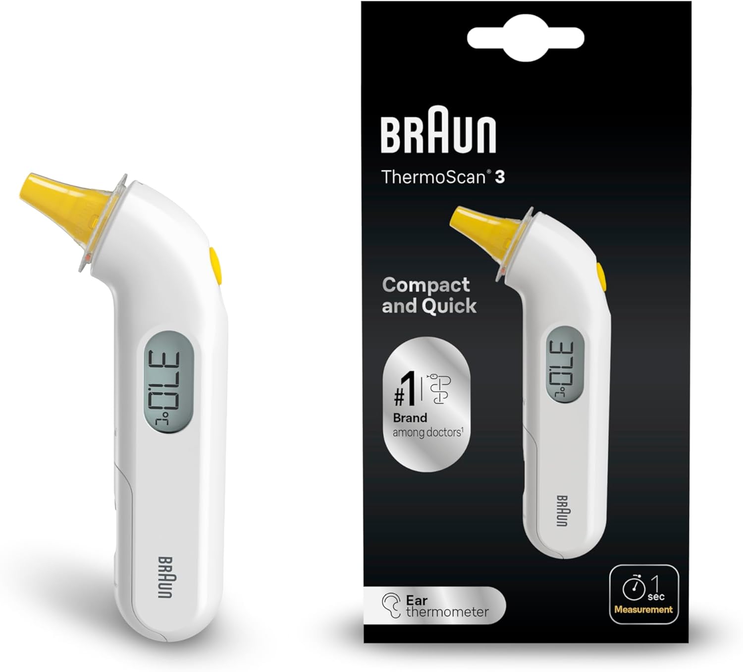 Braun ThermoScan 3 Ohrthermometer, schnell, 1-Sekunden-Messung, akustische Fiebermeldung, digitale Anzeige, für Babys und Kleinkinder geeignet, die Marke Nr. 1 bei Ärzten, IRT3030