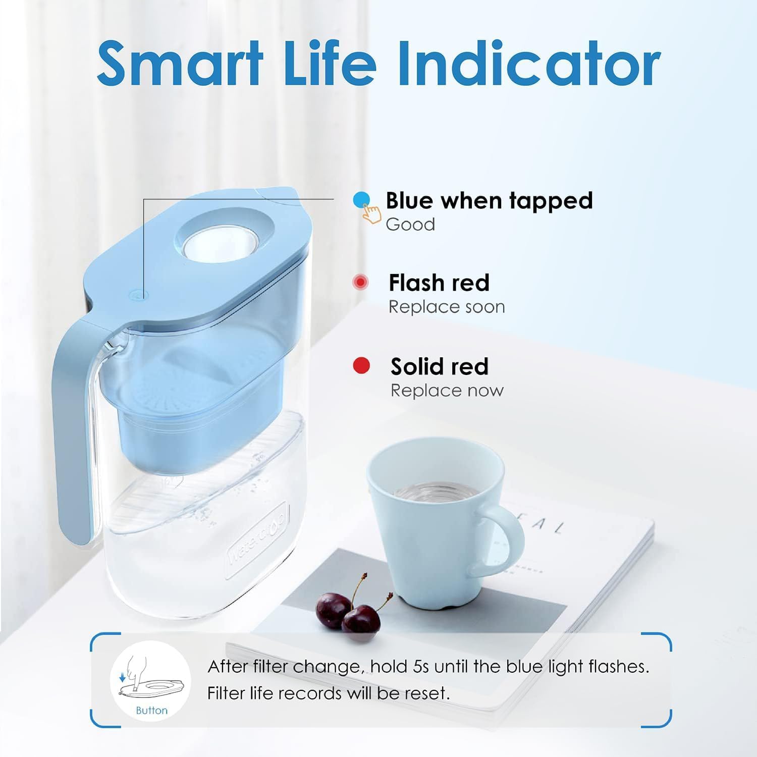 Waterdrop Elfin Wasserfilterkrug mit 3-Monats-Filter, 2,5 l, Filter zur Reduzierung von Kalk, Chlor, Blei, Kupfer im Wasser, Blau (Ersatzfilter: WD-PF-01A Plus) – Bild 8