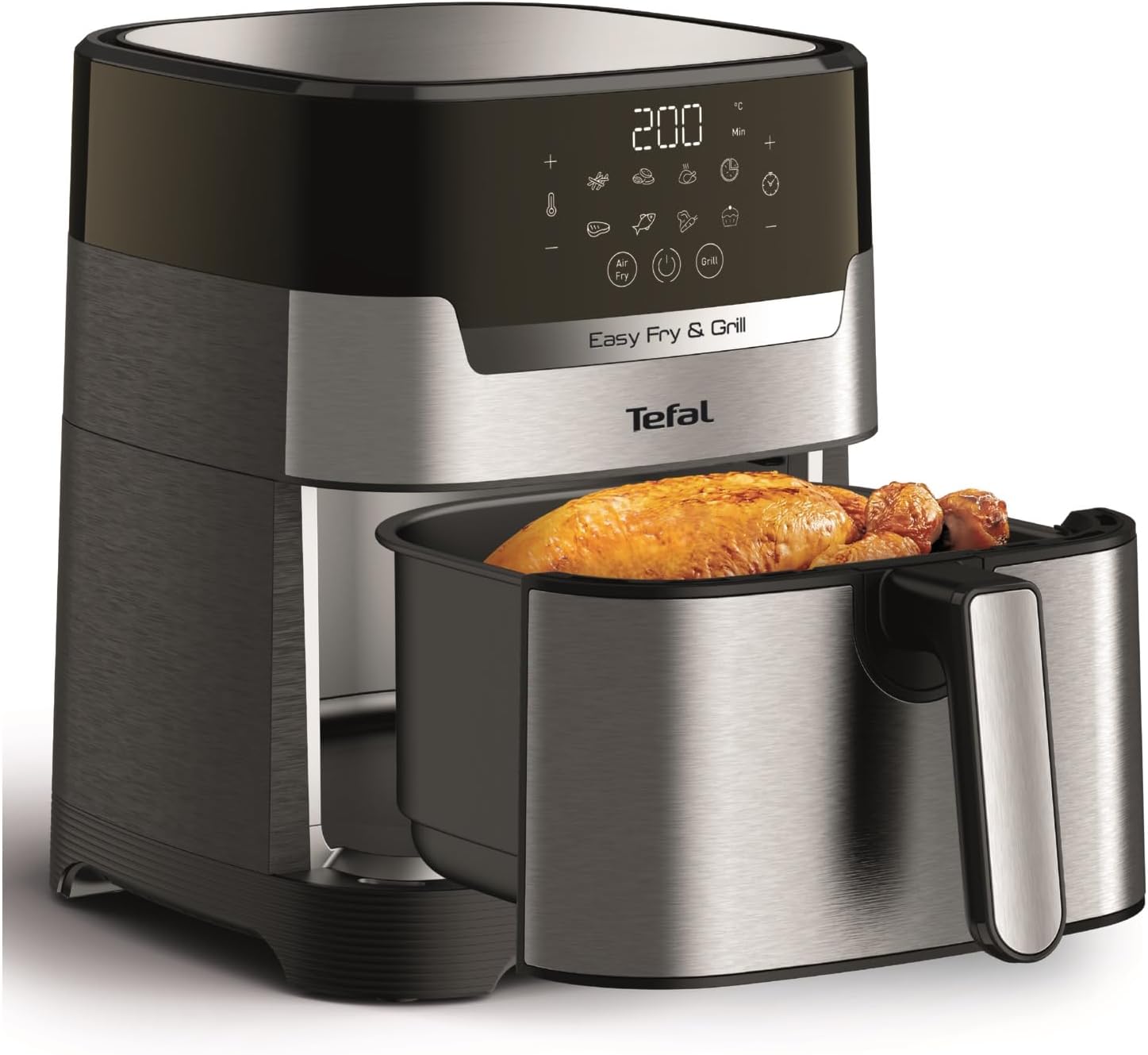 Tefal Easy Fry & Grill Heißluftfritteuse, 2-in-1-Technologie, Heißluftfritteuse und Grill, digitales Display, 4,6 Liter für 6 Portionen, 8 Kochprogramme, energiesparend, kein Öl, Edelstahl, XL-Volumen, EY505D – Bild 9