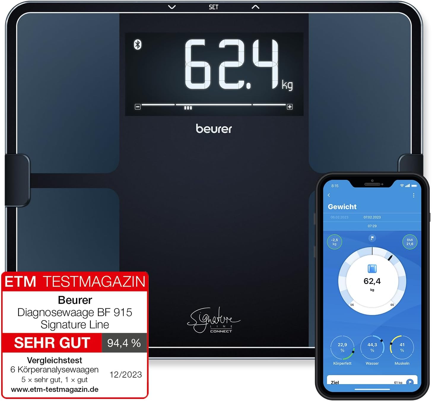 Beurer BF 915 Diagnosewaage, Präzise Körperanalyse für bis zu 8 Personen, Messung von Körperfett, mit beleuchtetem XXL-Display, Belastbarkeit bis 200 kg, inklusive App-Anbindung