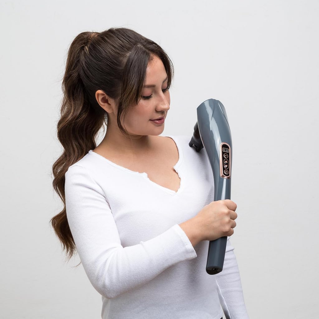 GLOBAL RELAX EGO Multifunktionales kabelloses Körpermassagegerät, Grau, Shiatsu-Massageperkussion, 6 austauschbare Köpfe, 10 Intensitätsstufen, LCD-Display – Bild 8