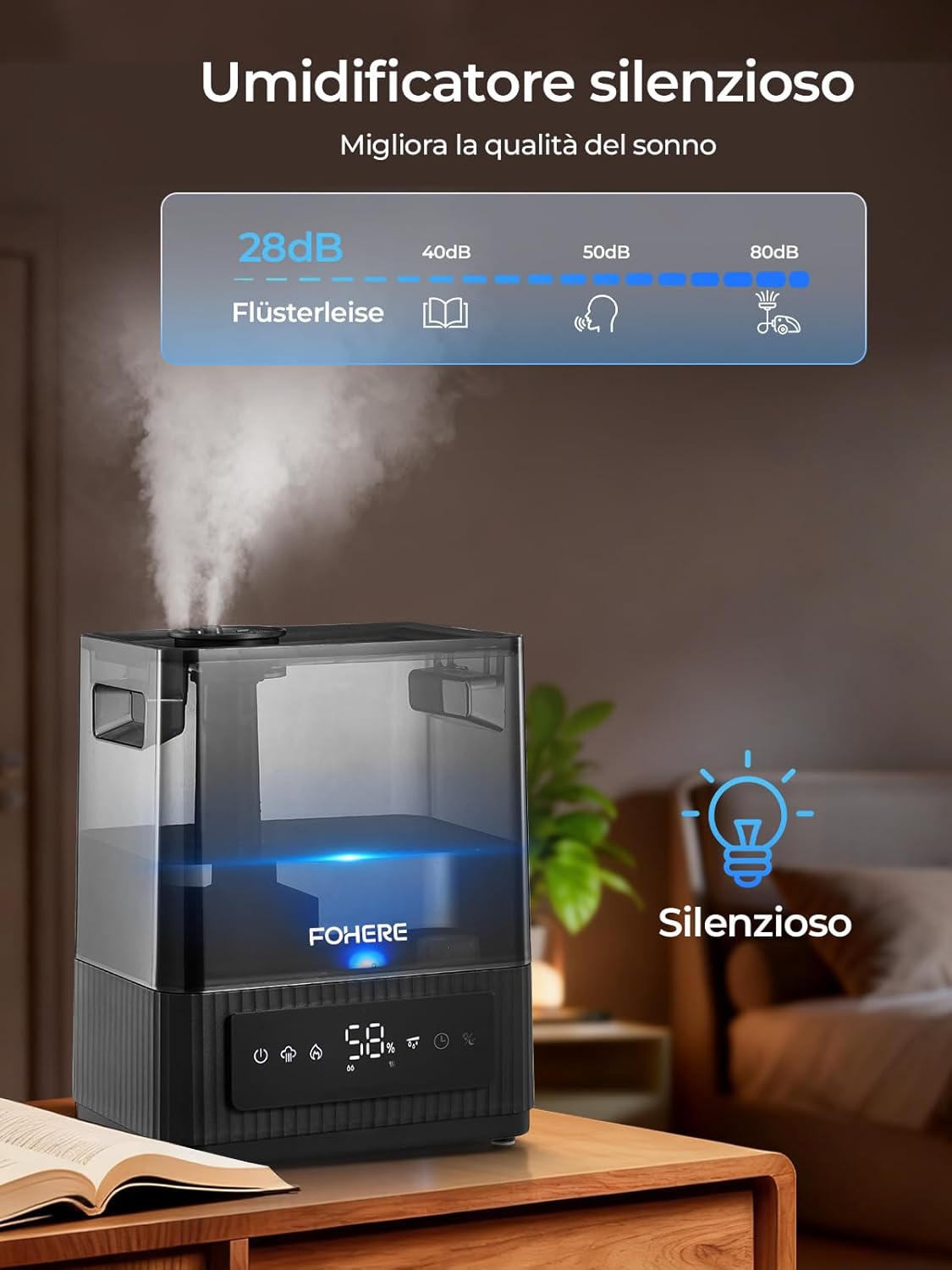 6L Luftbefeuchter für große Räume, kalter Nebel, leiser Luftbefeuchter für Kinderzimmer, Schlafzimmer, Pflanzen, 60 Stunden Laufzeit, präziser Feuchtigkeitssensor, Aromadiffusor, von oben befüllbar – Bild 4