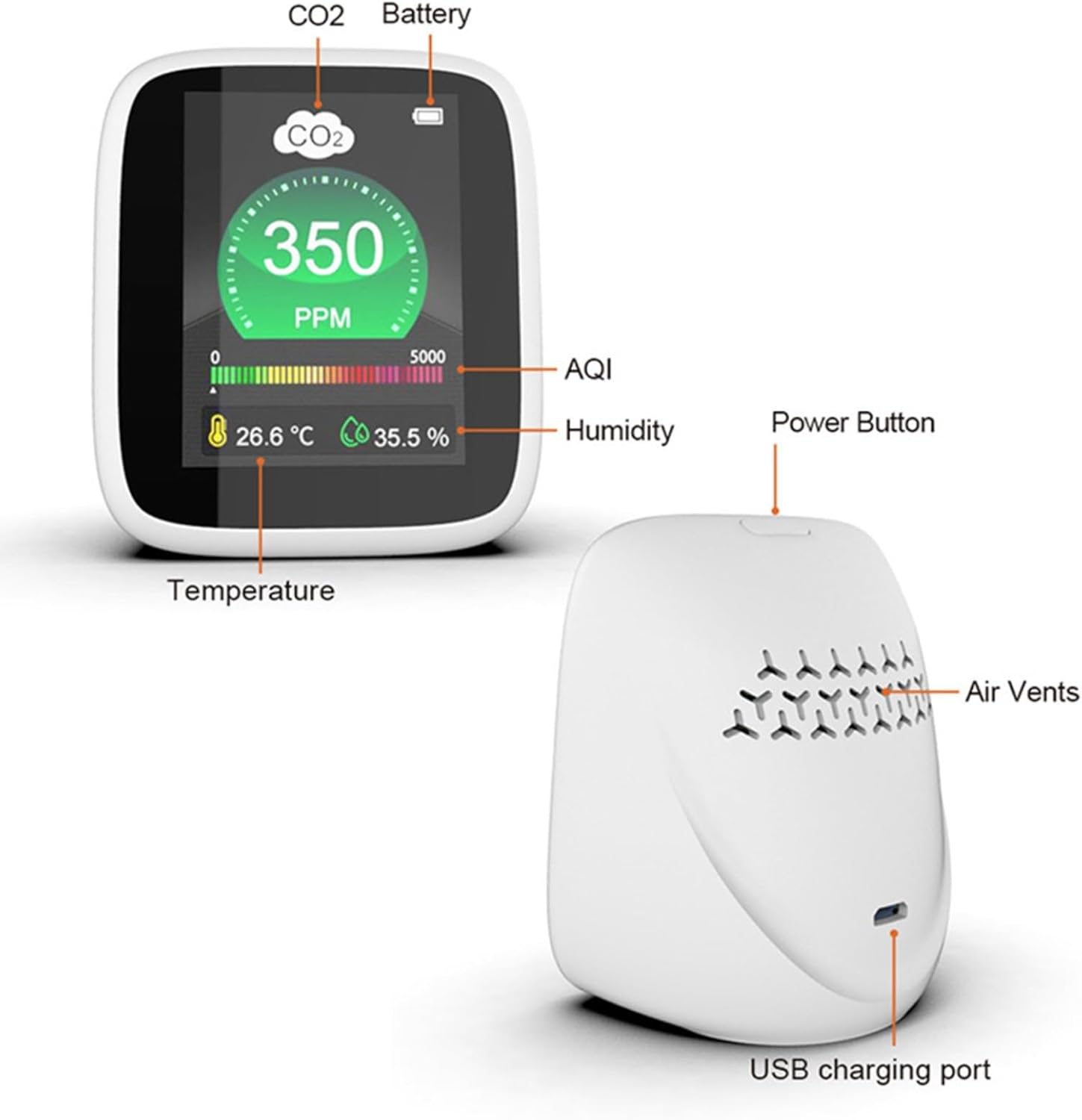 Tragbarer 3-in-1-CO2-Detektor mit NDIR-Sensor, Echtzeit-Luftqualitätsüberwachung für Temperatur/Luftfeuchtigkeit (70 x 80 x 35 mm, einstellbarer Alarm, USB-betrieben) für Zuhause/Reisen/Auto – Bild 5