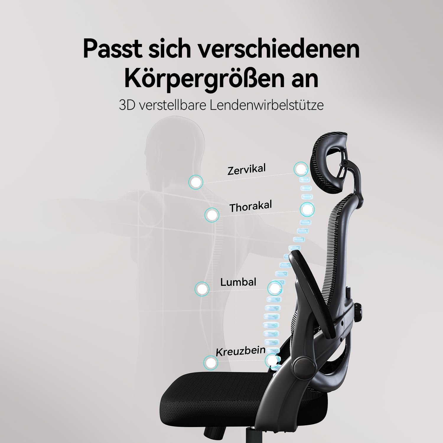 SIHOO M102C Ergonomischer Bürostuhl aus Netzstoff, Schreibtischstuhl mit hoher Rückenlehne, 3D-Armlehnen, Auf- und Ab-Lendenwirbelstütze, drehbarer Computer-Arbeitsstuhl, Schwarz – Bild 11