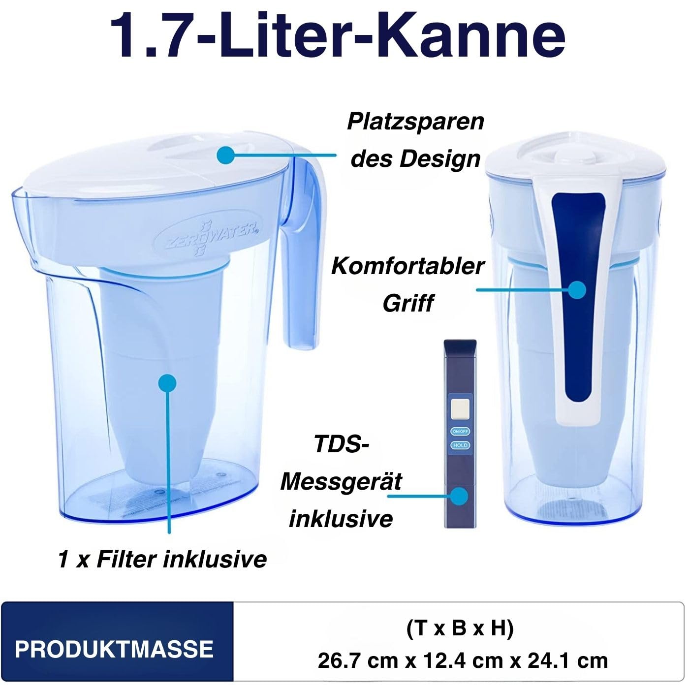 ZeroWater 7 Cup ZP-007RP 1,7 Liter blauer Wasserfilterkrug | Kühlschranktürdesign mit 5-stufigem Filtersystem, Wasserfilterkartusche im Lieferumfang enthalten – Bild 3
