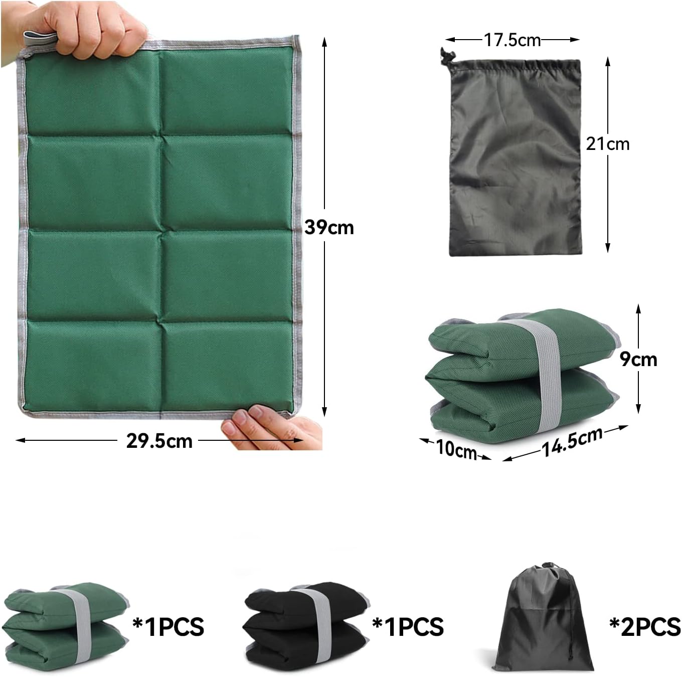 2er-Set Thermo-Sitzkissen, Outdoor, faltbare Sitzmatte, Komfort-Sitzpolster, wasserdichtes Thermo-Sitzkissen für Picknick, Outdoor, Camping, Wandern, Zubehör mit Tragetasche (schwarz/grün) – Bild 2