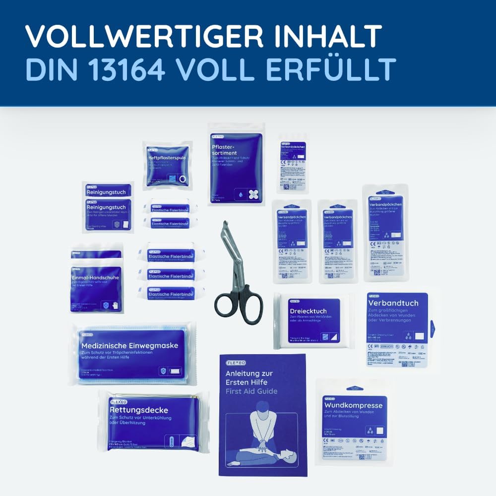 Auto-Verbandstasche inklusive Warndreieck und Warnweste nach aktueller DIN 13164:2022 | Gültig für 2026 | Erste-Hilfe-Set für Auto/Auto/Motorrad | Rot – Bild 6