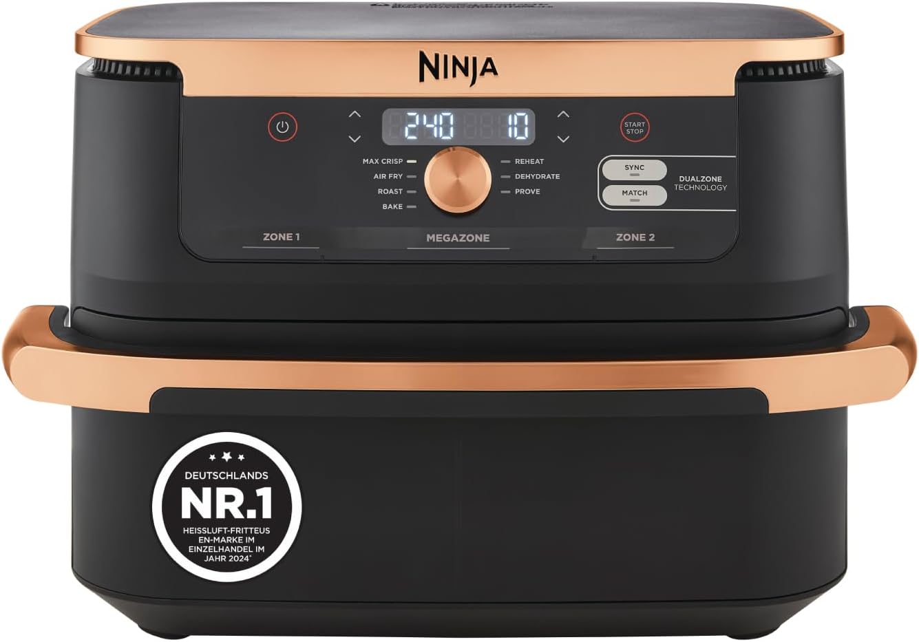 Ninja Foodi FlexDrawer Zweizonen-Heißluftfritteuse, Heißluftfritteuse mit 10,4 Fächern und abnehmbarem Separator, Antihaftbeschichtung, spülmaschinenfester Korb, 7-in-1, Schwarz und Kupfer, AF500EUCP