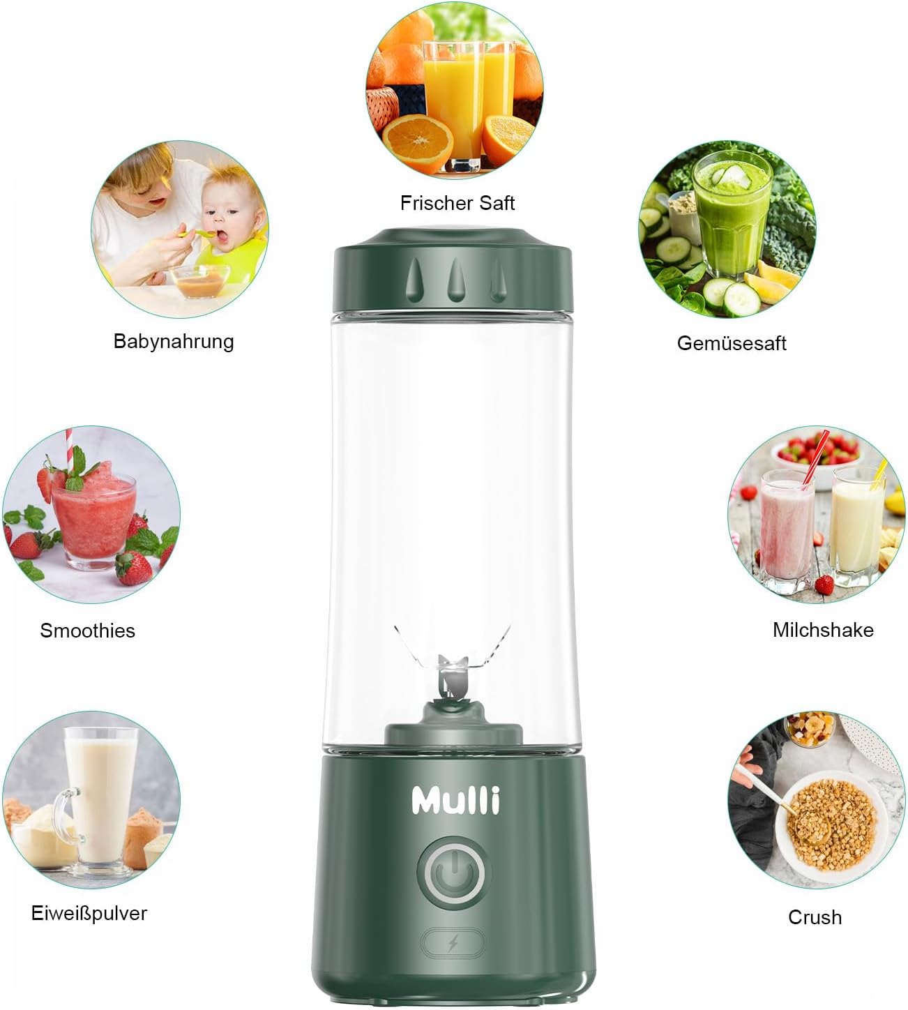 Mulli Tragbarer Mixer, USB-C wiederaufladbarer persönlicher Mixer für Smoothies und Shakes, Mini-Mixer mit sechs Klingen für Babynahrung, Reisen, Fitnessstudio – Bild 5