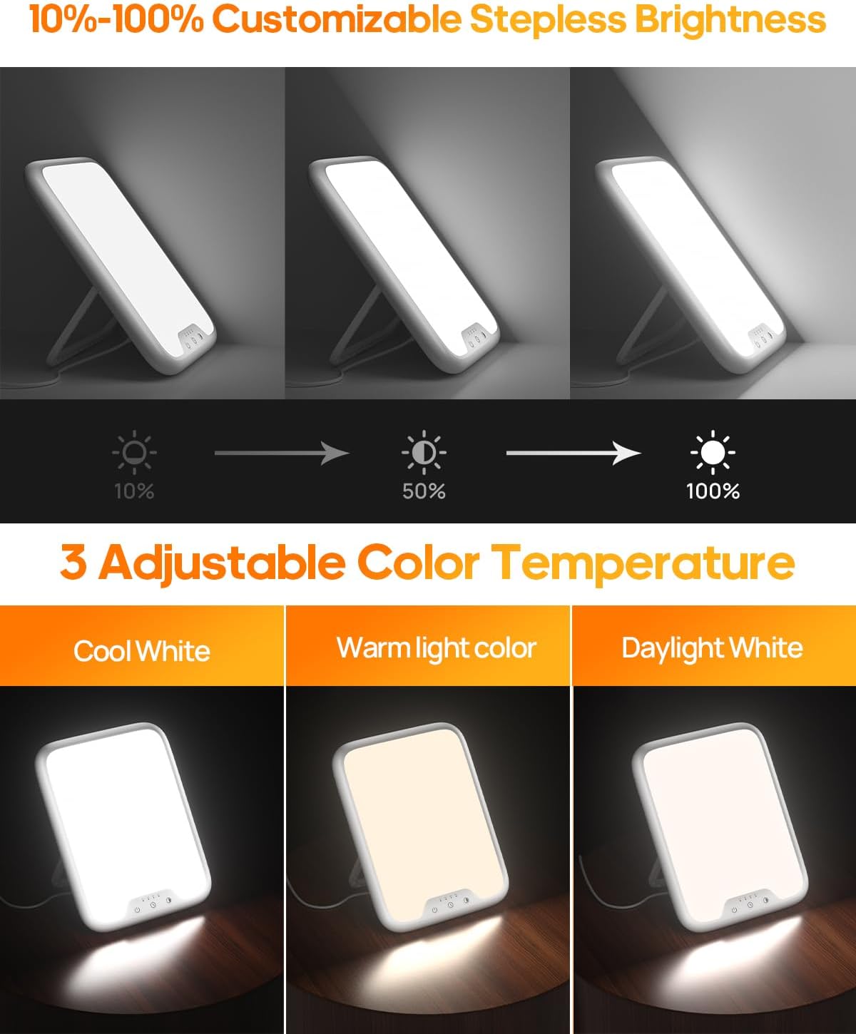 Tageslichtlampe, 10000 Lux Lichttherapielampe mit 3 Farbtemperaturen, stufenlosem Dimmen, 4 Timern, flimmerfreier und UV-freier LED-Technologie für Zuhause und Büro – Bild 7