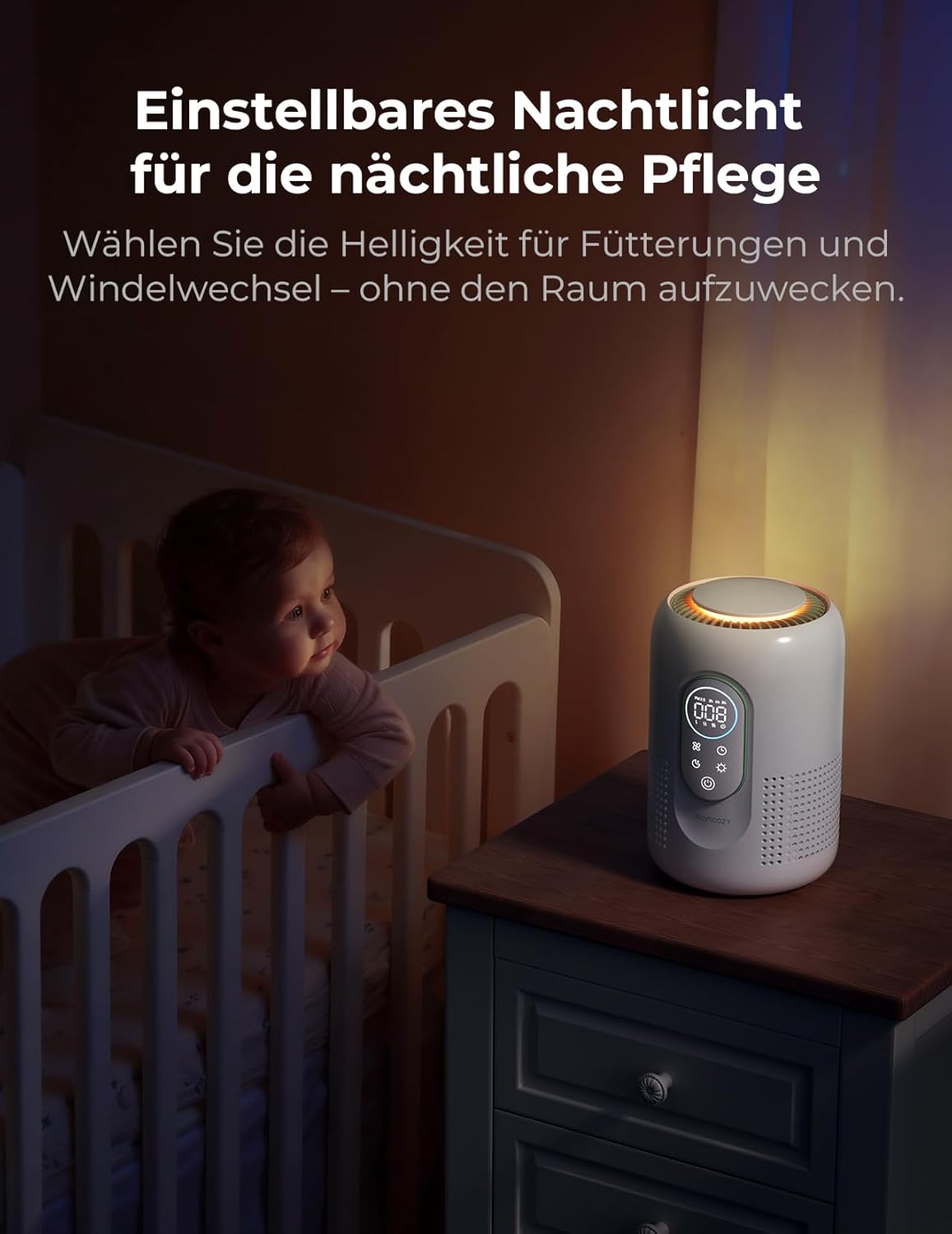 Momcozy Kinderzimmer-Luftreiniger, 4-Filtersystem mit H13-HEPA- und Aktivkohlefilter, PM2,5-Luftqualitätsüberwachung und -Anzeige in Echtzeit mit 3-Farben-Status, 21 dB Schlafmodus – Bild 7