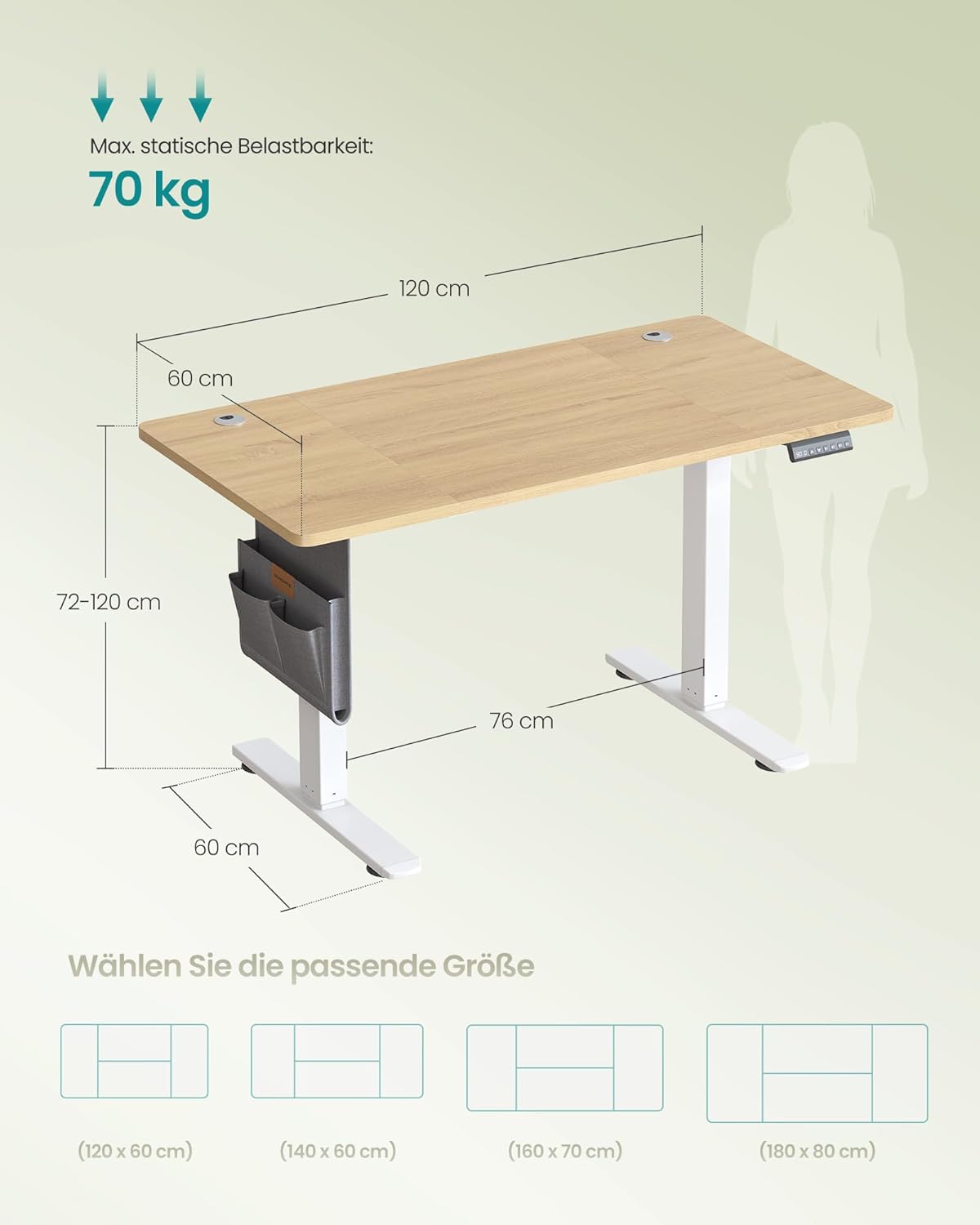 SONGMICS LSD132YA01 Höhenverstellbarer elektrischer Schreibtisch, 120 x 60 cm, 4 Höhen, Memory-Funktion, USB-C-Anschluss, Goldeiche – Bild 2