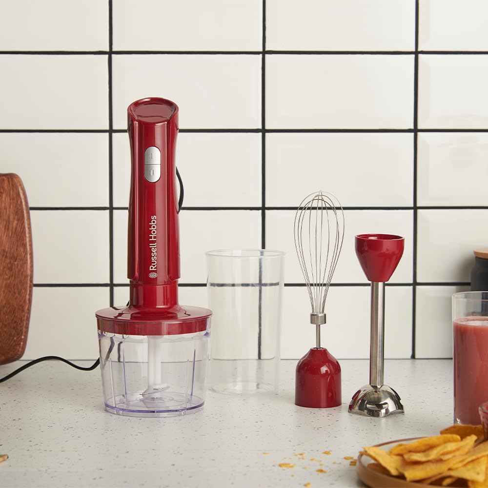 Russell Hobbs Desire Red 27142-56 Stabmixer (3-in-1: Mixer, Schneebesen & Zerkleinerer/Püreestab) (600 ml Rührbecher, spülmaschinenfestes Zubehör, Edelstahlmesser, für Smoothies, Suppen, Saucen & Dips) – Bild 2