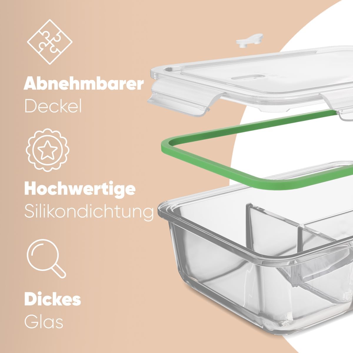 Meal-Prep-Glasboxen mit Fächern | 3er-Set | Glasbehälter mit Deckel | Geeignet für Spülmaschine, Mikrowelle und Backofen | Frischhaltedosen Glas mit Deckel | Gläser mit Deckel C-FHDM 4021 G – Bild 3
