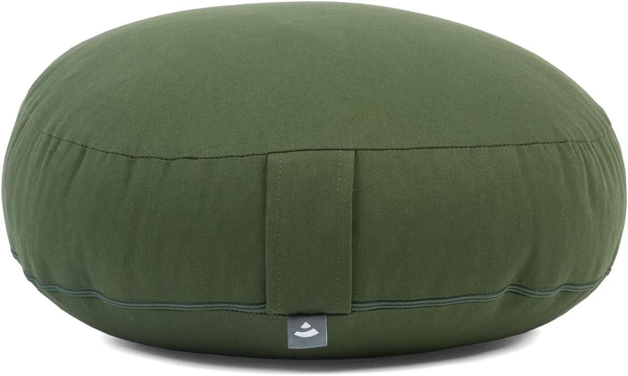 Bodhi Meditationskissen Rondo ECO extra flach | Bodenkissen mit Bio Dinkelfüllung | Bezug aus 100 % Baumwolle | Yogakissen mit 15,5 cm Sitzhöhe | Waschbarer Bezug mit Trageschlaufe | Waldgrün