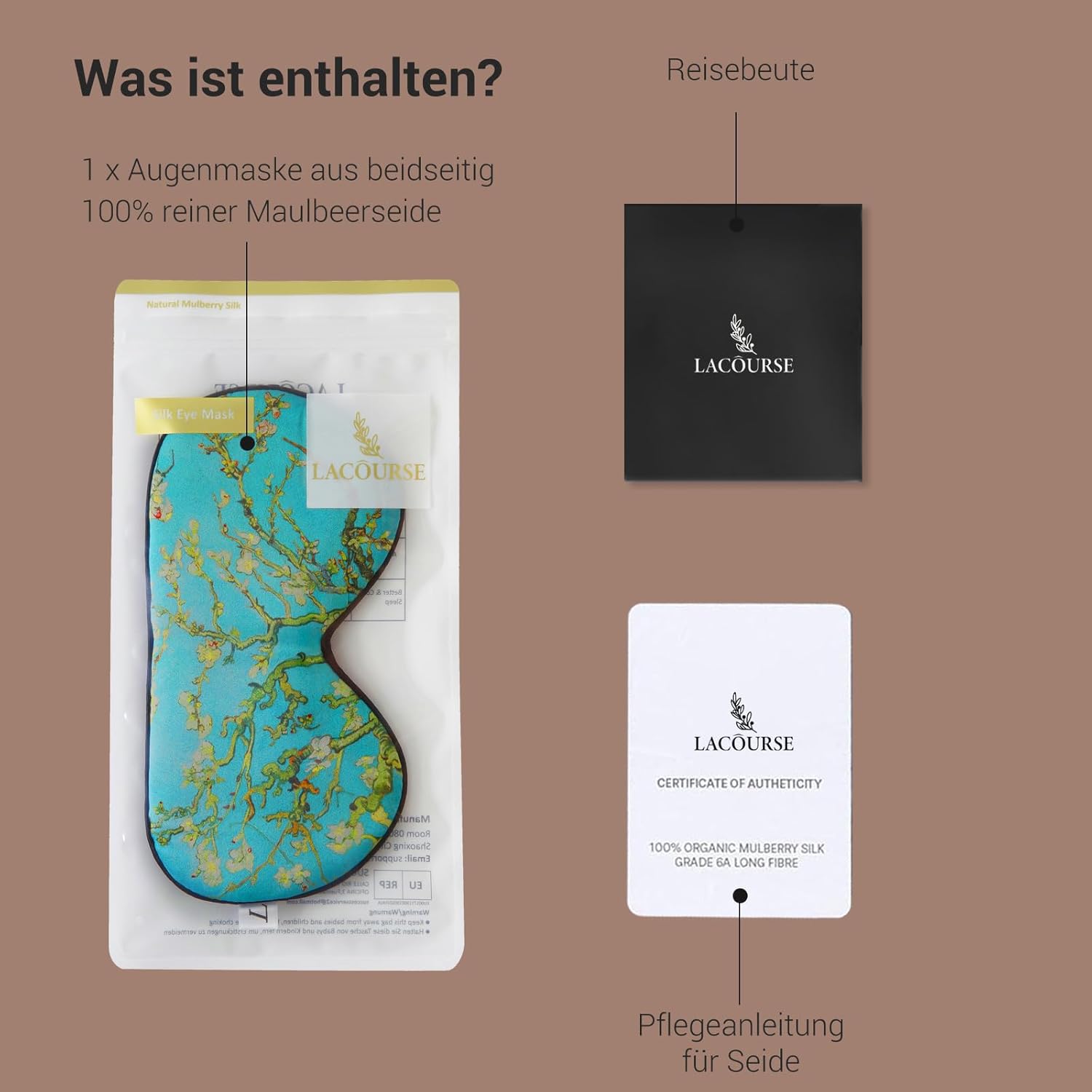 Schlafmaske aus 100 % Maulbeerseide mit Reisetasche. Beidseitig echte 19 Momme Seide, verstellbare Augenmaske für Frauen, grün geblümt – Bild 4
