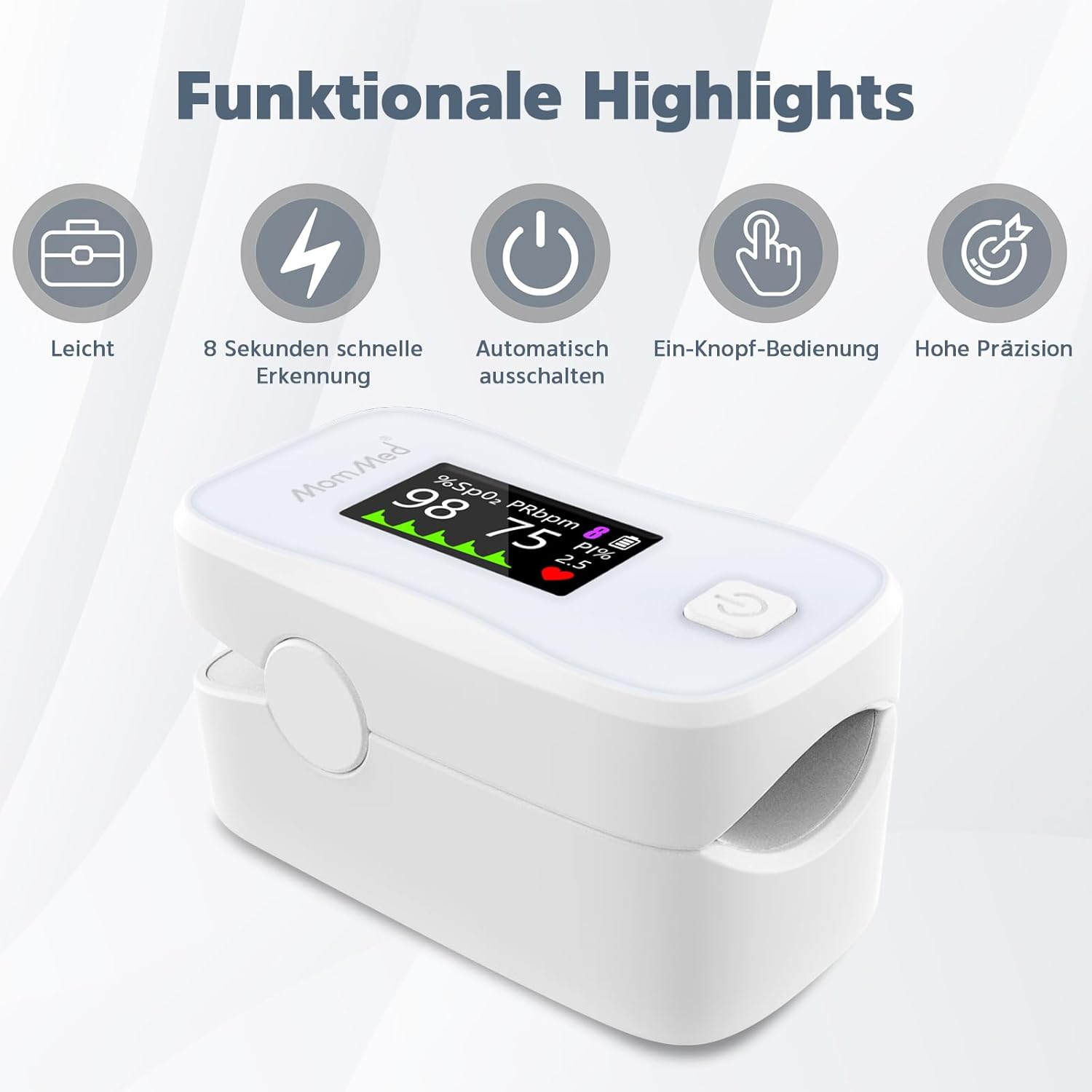 MOMMED Pulsoximeter mit Display – Sauerstoffsättigung (SpO2), Pulsfrequenz (PR) und Perfusionsindex (PI) – Fingeroximeter für Erwachsene und Kinder – präzise und tragbar für Sport, Fitness, Reisen – Bild 5