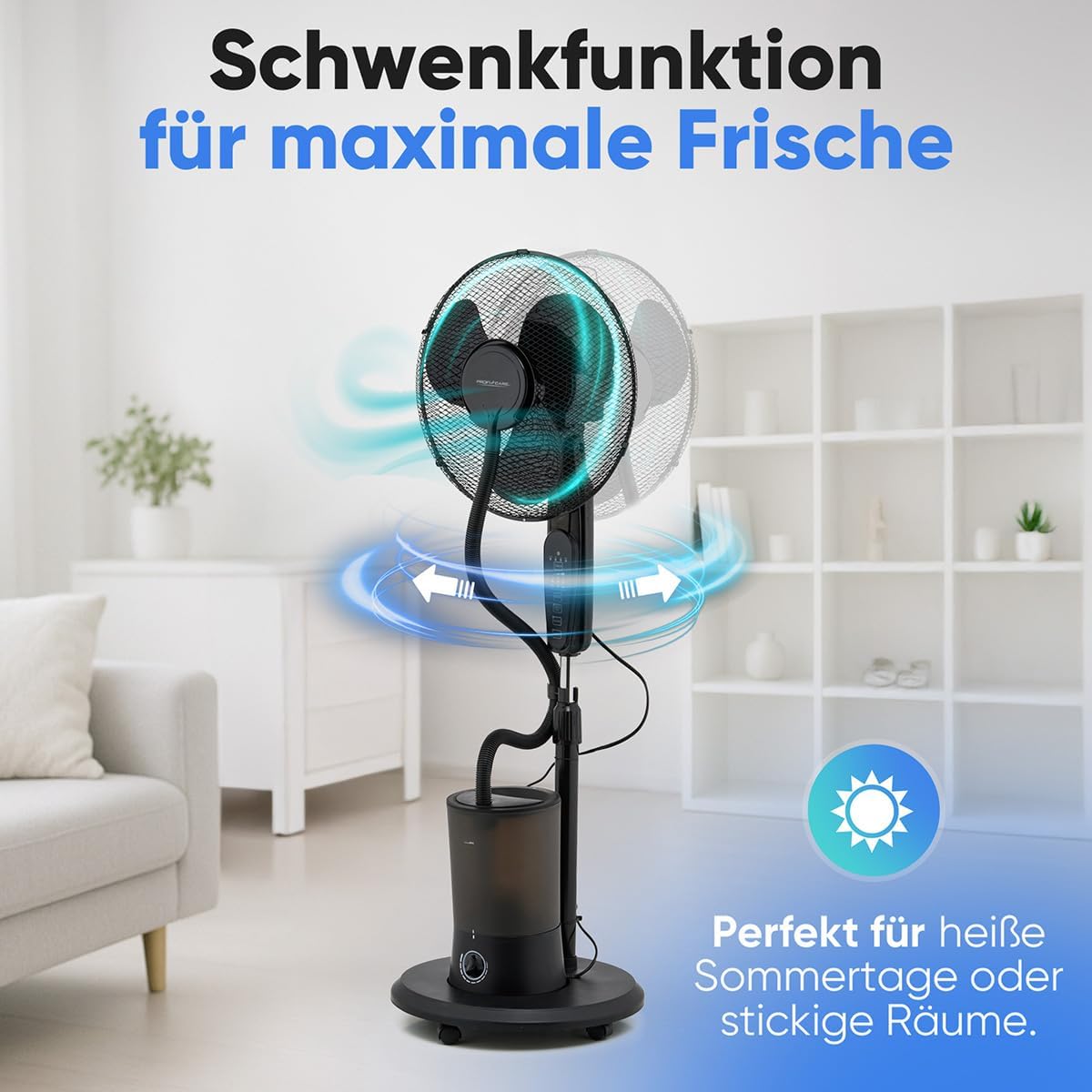 ProfiCare Leise Ventilator mit Luftbefeuchter, Schwenkfunktion, Höhe und Winkel verstellbar, 3 Stufen, Timer, Standventilator, sehr leise, Ventilator mit Fernbedienung, Ventilator PC VL 3142 LB – Bild 3