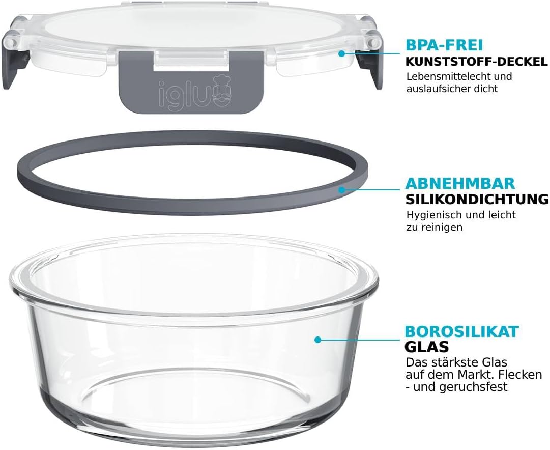 Igluu Meal Prep runde Frischhaltedosen aus Glas mit BPA-freien Deckeln (10 Stück) – mikrowellen-, ofen-, gefrierschrank-, spülmaschinenfest, auslaufsicher – 400 und 950 ml – robustes Borosilikatglas – Bild 5