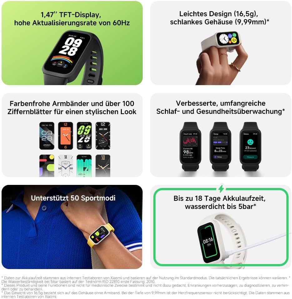 XIAOMI Smart Band 9 Active Black – 1,47 Zoll TFT, 450 Nits, 18 Tage Akku, 50 Sportmodi, SPO₂-Sensor, 5ATM wasserdicht – Bild 2
