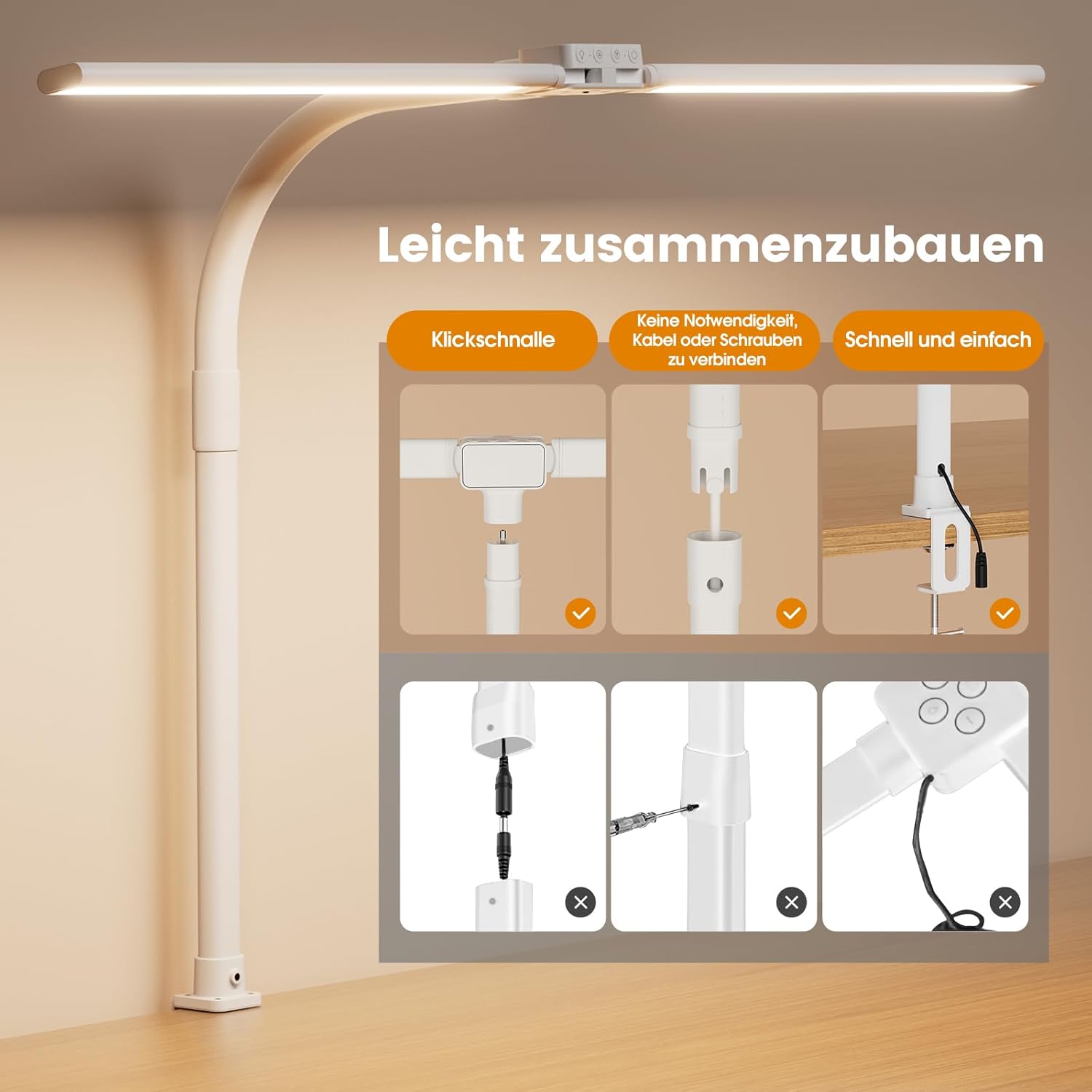 SIBRILLE Doppelkopf-Schreibtischlampe LED dimmbar, klemmbare Monitorlampe, Tageslichtlampe für Büro, Augenschutz-PC-Lampe, Tischlampe mit Schwanenhals weiß – Bild 5