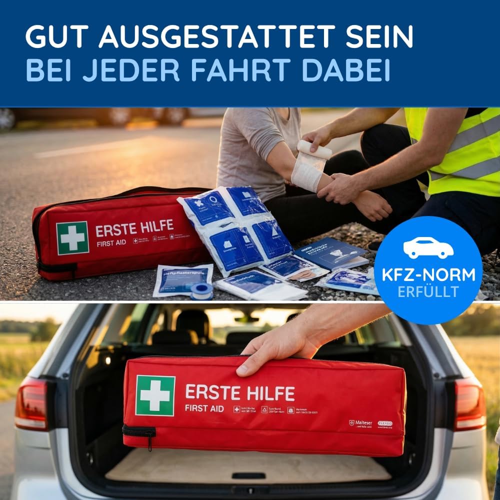 Auto-Verbandstasche inklusive Warndreieck und Warnweste nach aktueller DIN 13164:2022 | Gültig für 2026 | Erste-Hilfe-Set für Auto/Auto/Motorrad | Rot – Bild 8