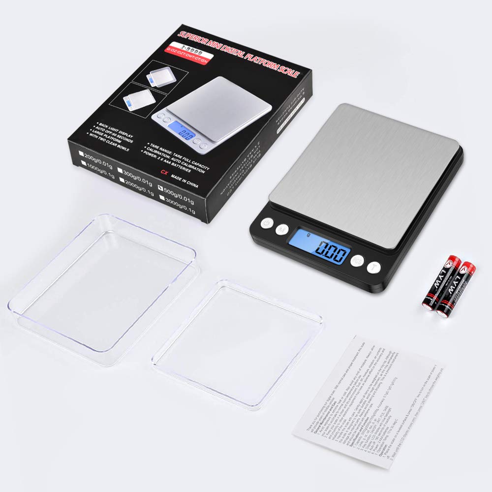 Diyife Präzisionswaage 500 g/0,01 g, Briefwaage, Taschenwaage, hohe Präzision, LCD-Display mit Hintergrundbeleuchtung, Küchenwaage mit Tara-Funktion und PCS, mit 2 Ablagen und Batterien – Schwarz – Bild 7