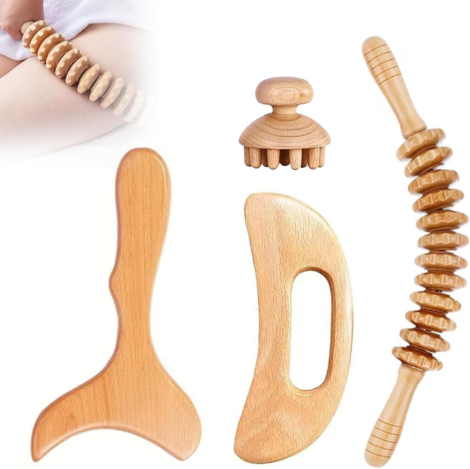 Faszienrolle Holz-Massagerolle mit Griff, Lymphdrainage Cellulite-Massagegerät, 4 Stück Maderotherapie-Holz für Rücken, Nacken, Beine & Lymphdrainage, Massagerolle zur Muskelentspannung