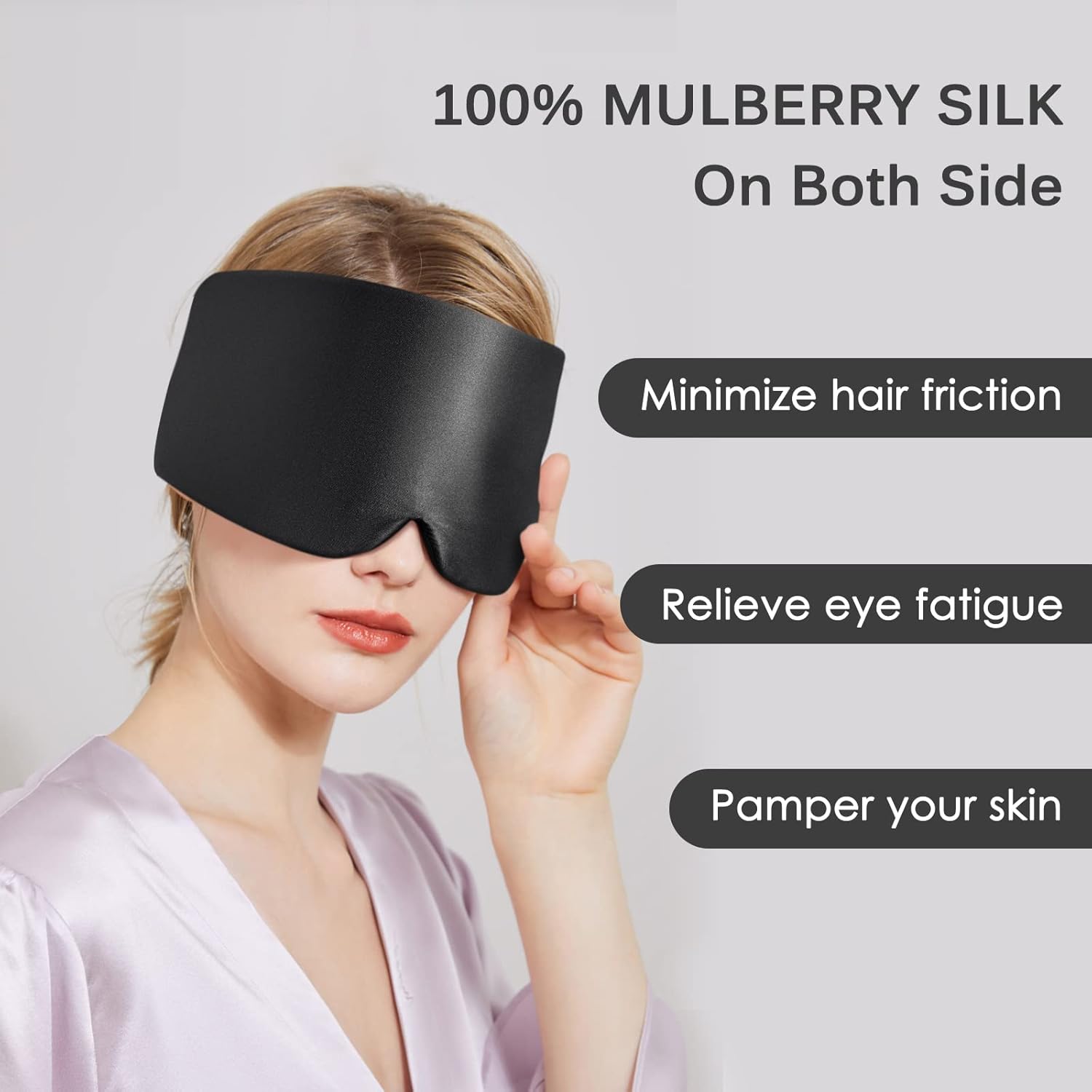 OLESILK Schlafmaske aus 100 % Maulbeerseide, Augenmaske mit verstellbarem Kopfband für Männer und Frauen, große Schlafmaske und Augenbinde für Nachtschlaf, Reisen und Nickerchen, Schwarz – Bild 3